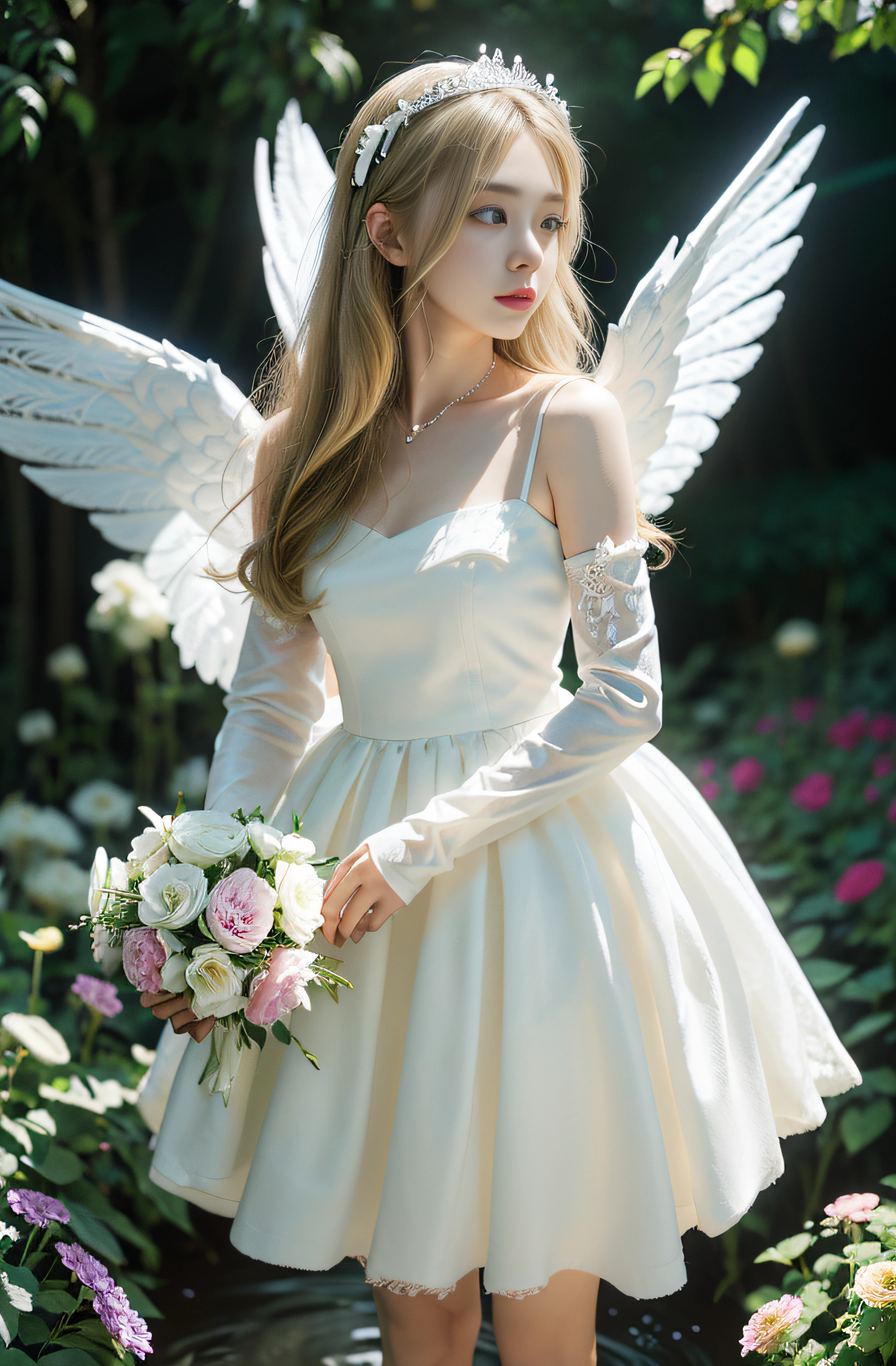 fairy in the flower garden、Full-body figure、Walk in front of the fountain、8K、realphoto、超A high resolution, Master Parts, Best Quality, nffsw , cinematic images,Lovely girl、ann、sixteen years old、Anglo-Saxon、二重まぶた、drooing eyes、Very big eyes、eye shadow、 ighly detailed , a blond、Straight short hair、ssmile、 Sweet look 、A little embarrassing、thin lipss ,High nose with beautiful lines、the tip of the nose is small、a very beautiful woman、legs are long、bare-legged、 Very clear shadows , jewely , shiny skins , Perfect Brilliant, Perfect Lighting, Dramatic shadows ,White tiara on head、Greek see-through white dress、White lace knitting at chest..、Large white angel wings from the back of the neck、White transparent veil from the back of the head、White lace gloves、White bouquet in both hands、High Heel Transparent Glass Shoes