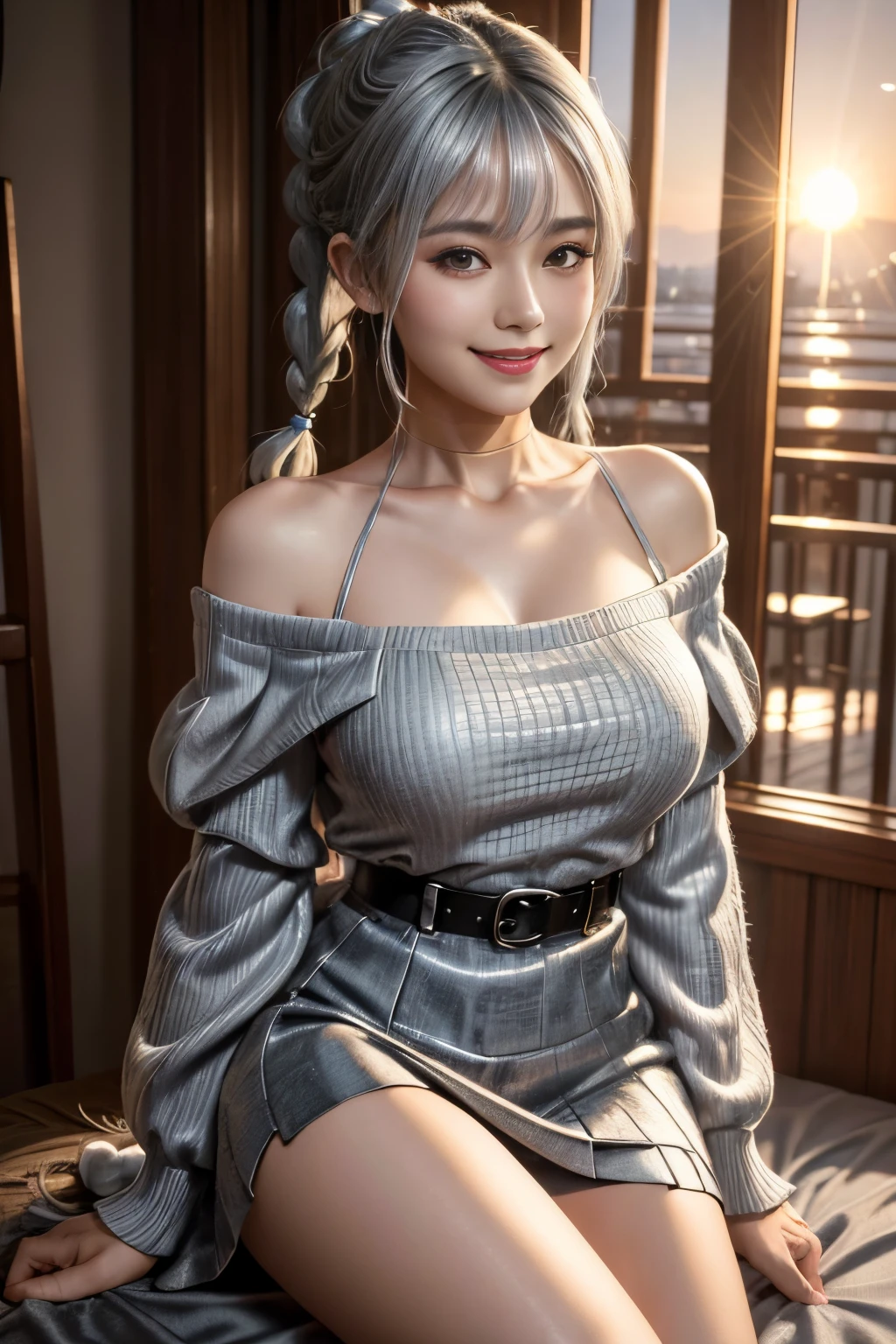 ((Female Teacher Sitting on Classroom Chair and Opening Legs v6)), Necklace, Earrings, Full Body V6, (((Long Gray Hair)), ((Translucent Silk Black Mini Dress, Skirt)), Cleavage Emphasis, Sleeveless, Short, ((White Underwear Visible)), Superb, Ultra High Definition, RAW Photography, Realism 1.25), (Bright Lip Gloss, Long Eyelashes, Smooth) Face, Bright Skin, Natural Shadows, Wide light, wide light, depth of field, strong colors, subtle caustics: 0.8), smile, (big), v6 contempt and arrogant and elegant, there are windows showing different buildings in the city,