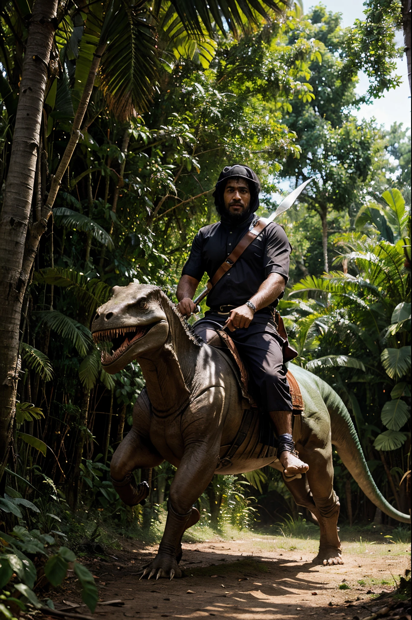 a muslim man warrior riding a t-rex , in a jungle