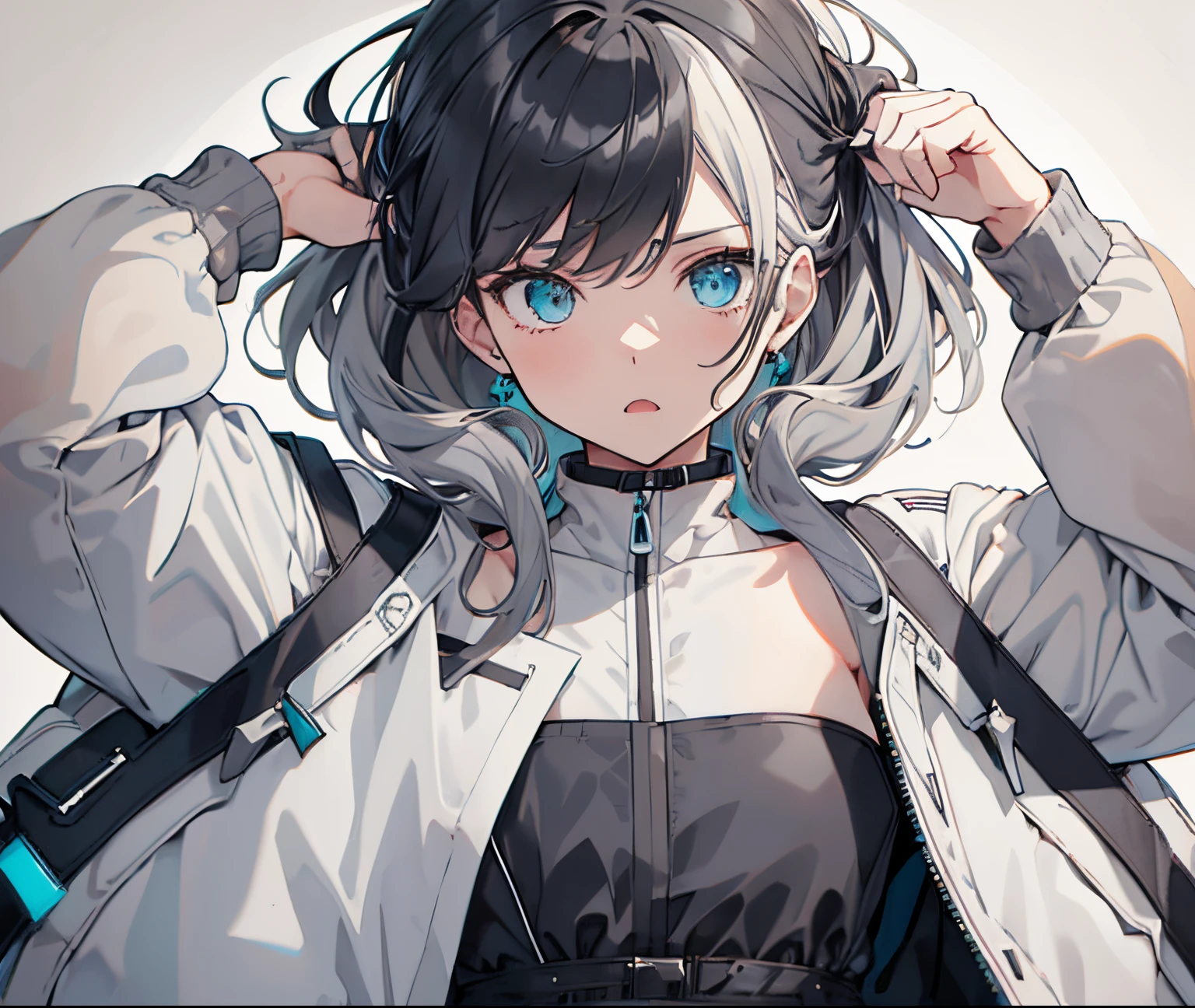 【Highest Quality, masutepiece】 [girl, Manteau, expressioness, Turquoise eyes, front facing, jet-black hair, Jacket comes off, Upper body] (Gray white background:1.7), Surprised, Sheer,