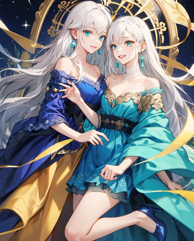 realdosmix、de pele branca、White hair、shoulder-length hair、With bangs、with braiding、Beautiful turquoise eyes、dual、Moles under both eyes、a small face、Cute face、ssmile、Slender body type、Moderate breasts、star earrings in ears、off shoulder blue velvet dress、With gradient、Gold Lace、White pumps、1人、