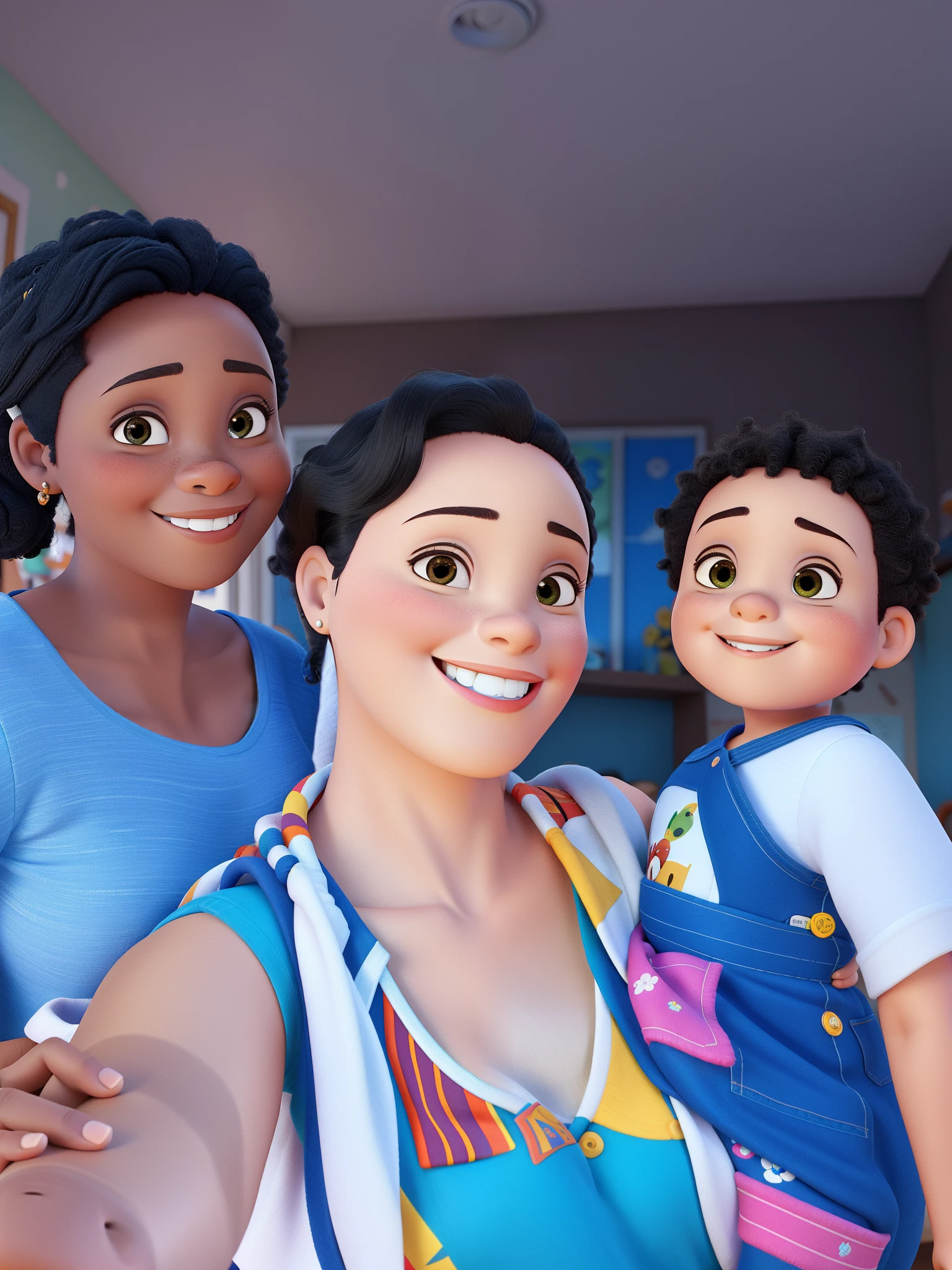 2 teenage girls,1 teenage wifth a white shirt, 1 teenage wifth a black shirt,1 kid girl wifth a overalls and a white shirt, 1 kid girl wifth a blue dress,1 toddler boy wifth a white shirt, 1 baby boy