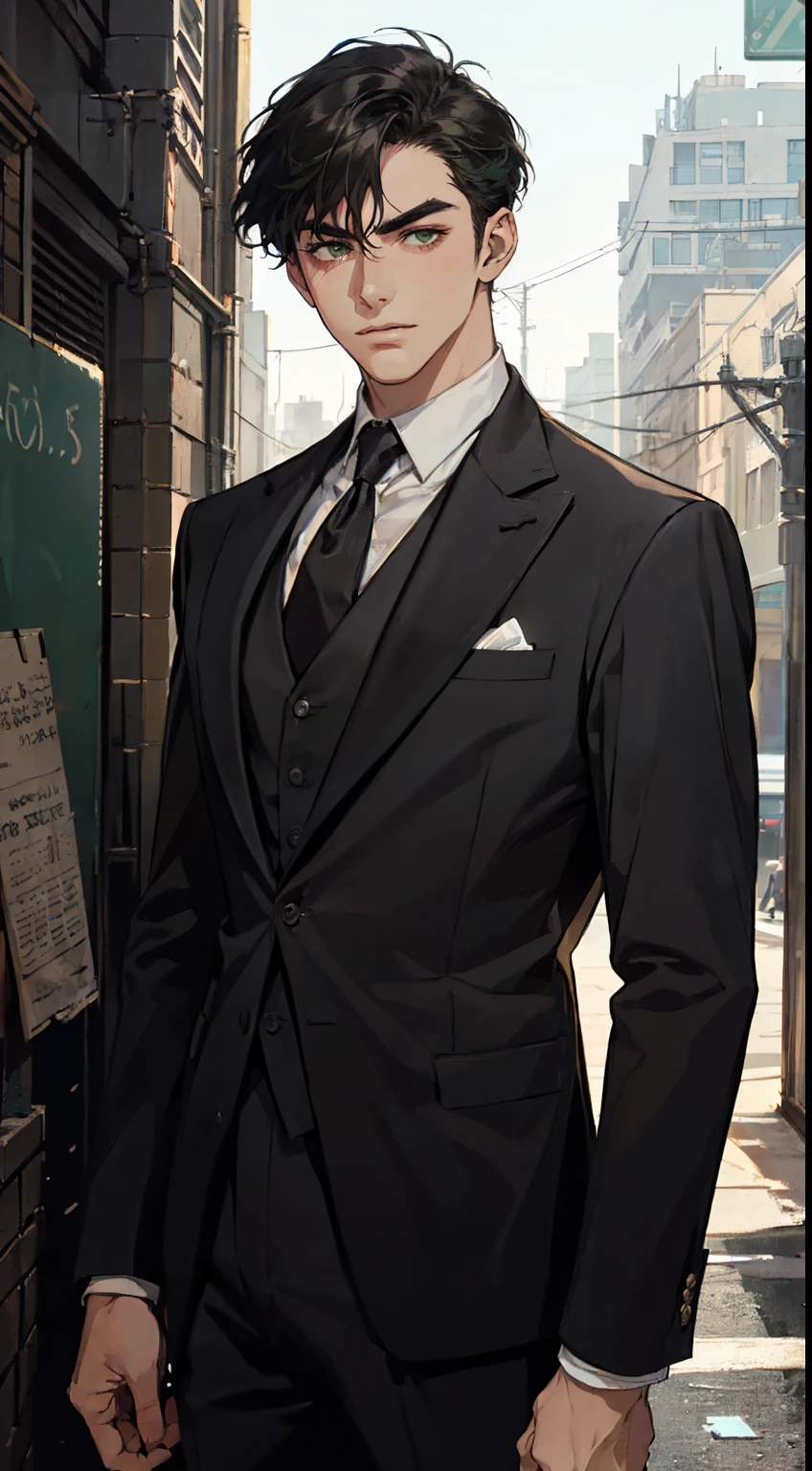 ((One man with a black suit and tie)), taken in the early 1960s, gotham, alejandro, he looks very sophisticated, (((left-side swept black short hair))), (dark green eyes and thick eyebrows), smirk, ((20 years old)), ((masterpiece)), posture dynamic,