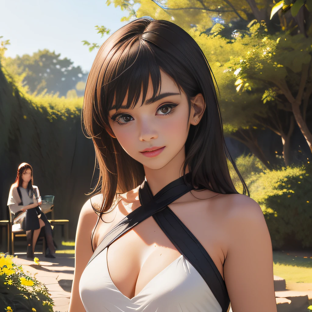 (Extremely detailed 8k wallpaper:2), (photo:2), (22 years old soigne Beautiful girl:2), (gives a lecture to friends:2), detailed (Face and eyes), (hyper realistic:1), (highly detailed:1), (epic realistic:1), rim light, (maximum details:1), cozy, (fullbody:1.3), (looking at viewer:2), (Woman's Attractive Qualities:2), (Attractive Woman:2), (Attractive:2), Smile, Intelligence, Empathy, Gracefulness, Sense of Style, Fitness, Grooming, Optimism, (Sensitivity:2), Sincerity, Romantic Gestures, Playfulness, Fashion Sense, (Sensuality:2), Charm, Modesty, Thoughtfulness, (Femininity:1), Flirtatiousness, Warmth, (Physical attractiveness:2), A beautiful smile, A love of life, strength and power, vulnerability, curiosity, wonder, love, (nature background:2), kawaii, waifu, Beautiful breasts, (attractive body:2), (Beautiful body:2), Beautiful pose, attractive pose, (Beautiful legs:1.0), (Beautiful clothes:1), (classic clothes:2), (elegant clothes:2), (European clothes:2), detailed clothes, (skirt:1), (blouse:1), (provocative pose)