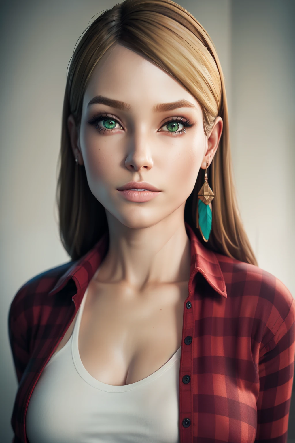 (masterpiece, best quality, ultra-detailed), RachelAmberLIS, blonde hair, green eyes, earring, medium breasts, white shirt, red plaid jacket, (portrait shot, upper body), looking at viewer