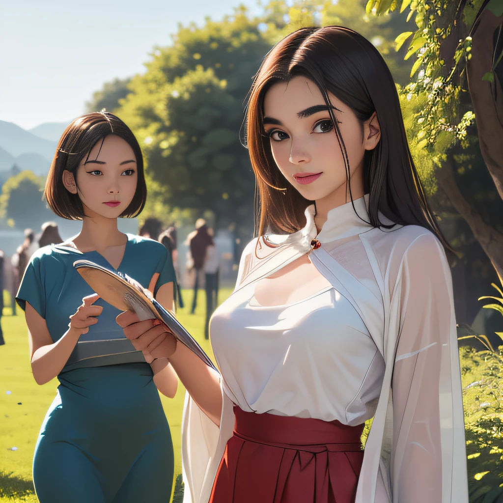 (Extremely detailed 8k wallpaper:2), (photo:2), (22 years old soigne Beautiful girl:2), (gives a lecture to friends:2), detailed (Face and eyes), (hyper realistic:1), (highly detailed:1), (epic realistic:1), rim light, (maximum details:1), cozy, (fullbody:1.3), (looking at viewer:2), (Woman's Attractive Qualities:2), (Attractive Woman:2), (Attractive:2), Smile, Intelligence, Empathy, Gracefulness, Sense of Style, Fitness, Grooming, Optimism, (Sensitivity:2), Sincerity, Romantic Gestures, Playfulness, Fashion Sense, (Sensuality:2), Charm, Modesty, Thoughtfulness, (Femininity:1), Flirtatiousness, Warmth, (Physical attractiveness:2), A beautiful smile, A love of life, strength and power, vulnerability, curiosity, wonder, love, (nature background:2), kawaii, waifu, Beautiful breasts, (attractive body:2), (Beautiful body:2), Beautiful pose, attractive pose, (Beautiful legs:1.0), (Beautiful clothes:1), (classic clothes:2), (elegant clothes:2), (European clothes:2), detailed clothes, (skirt:1), (blouse:1), (provocative pose)