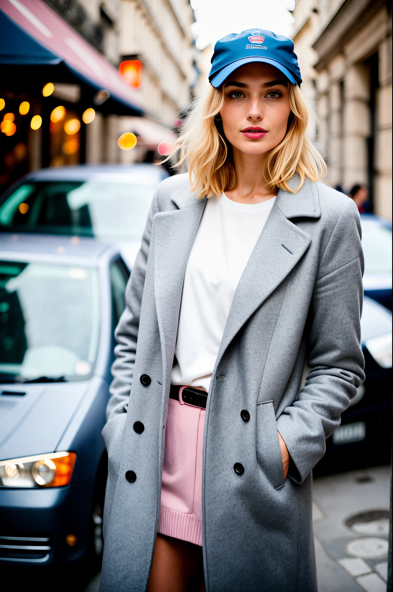 RAW photo, face portrait photo of beautiful 30 y.o woman, cute face, blue eyes, gentle pink lipstick, andreea diaconu mix monika jagaciak, blonde thin hair french bob, wearing gray zara coat, baseball cap, cinematic shot, paris street cafe, soft lighting, fuji superia 400