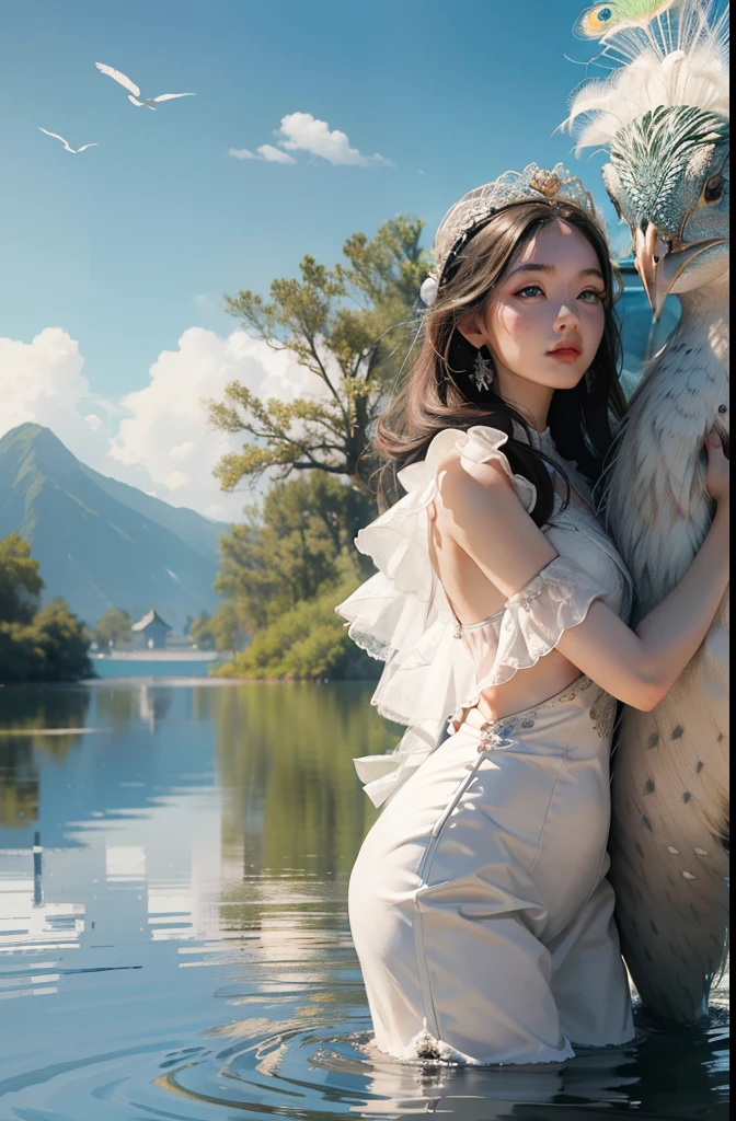 Fantastic realism、​masterpiece、ultra-detailliert、1 beutiful girl、Hug a giant white peacock、plains、Background lake、细致背景、(top-quality、Alessandro Casa Grande、Gregglettkowski、Sallyman、concept-art、4k)、