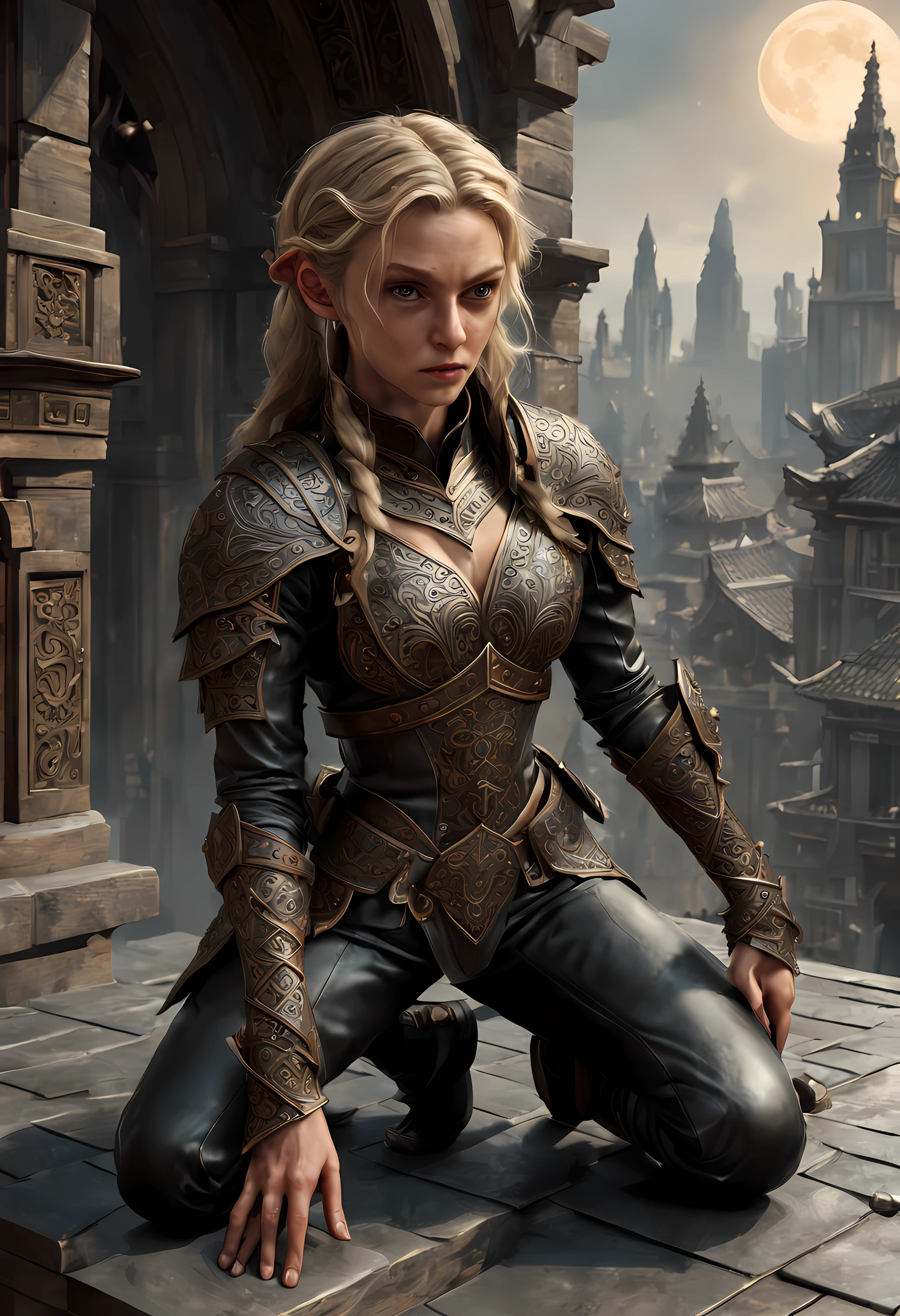 arafed, high details, best quality, 16k, [ultra detailed], masterpiece, best quality, (extremely detailed), dynamic angle, ultra wide shot, RAW, photorealistic, fantasy art, dnd art, rpg art, realistic art, a picture of an epic fantasy thief , kneeling on roof top (best details, Masterpiece, best quality: 1.5) on top of a roof in urban fantasy city, ready for action, plenty of buildings, a temple (best details, Masterpiece, best quality: 1.5), female elf (best details, Masterpiece, best quality: 1.5), epic fantasy thief, [[anatomically correct]], blond hair, braided hair, fair skin, intense bright eyes, armed with dagger, dynamic position (intricate details, Masterpiece, best quality: 1.5), small pointed ears, dark armor, full leather armor (intricate details, Masterpiece, best quality: 1.5), tense atmosphere, night, stars light, moon light, moon rays, stars, best details, best quality, highres, ultra wide angle, drkfntasy