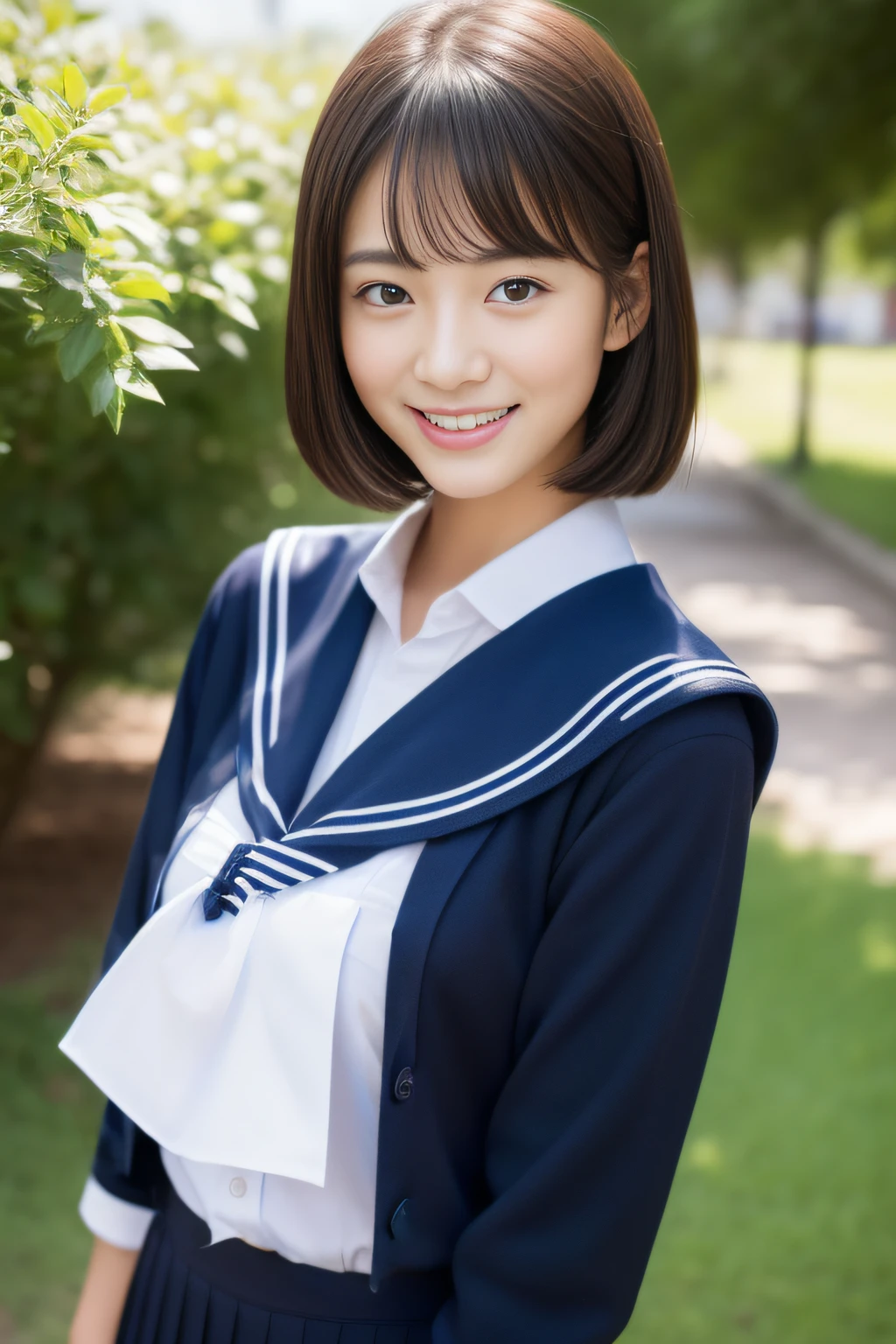 1girl, realistic, solo, smile, JK uniform, serafuku, looking at viewer, teeth, sailor collar, upper body, grin, shirt, black eyes, black hair, white shirt, real life insert, brown hair, grey background, medium hair