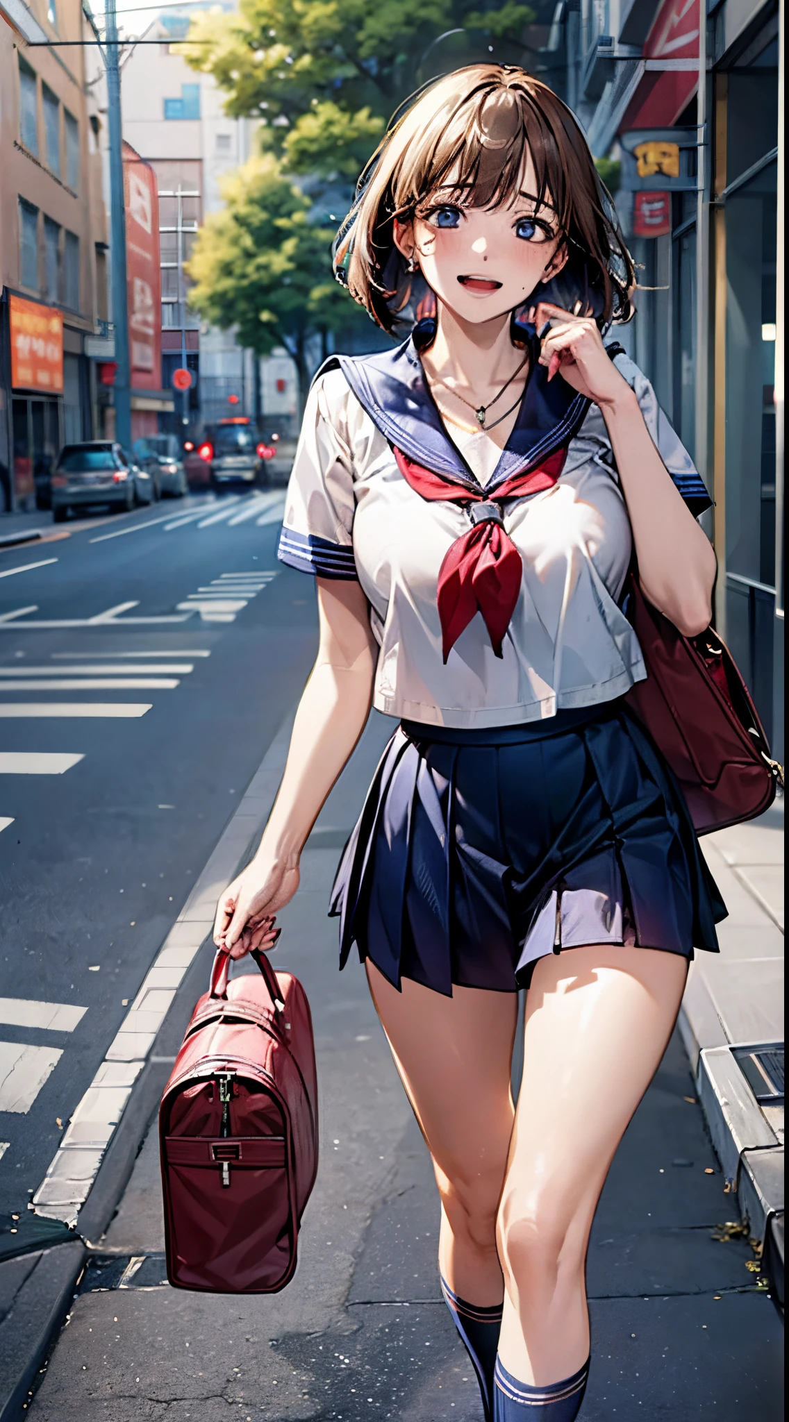 (((perfect anatomy, super detailed skin))), 1 girl, japanese, high school girl, shiny skin, large breasts:0.5, looking away, looking up, watching the view, 
beautiful hair, beautiful face, beautiful detailed eyes, (short hair:1.2, bob cut:1.2), light brown hair, blue eyes, 
beautiful clavicle, beautiful body, beautiful chest, beautiful thighs, beautiful legs, face, mole under eye, 
((short sleeves, all navy sailor suit, navy pleated skirt, navy sailor collar, red sailor scarf, school shoes), school bag, cross necklace), seductive thighs, , 
((, ashamed, , open mouth)), walking, bending forward, ((sex toys in panties, leaking pee:0, leaking poop:0)), 
(beautiful scenery), summer, runing, street, 
8k, top-quality, masterpiece​:1.2, extremely detailed), (, photorealistic), beautiful illustration, cinematic lighting,