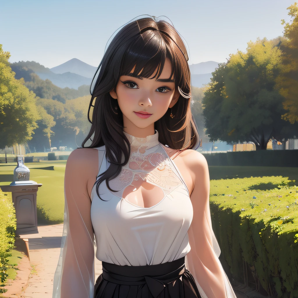 (Extremely detailed 8k wallpaper:2), (photo:2), (22 years old soigne Beautiful girl:2), (gives a lecture to friends:2), detailed (Face and eyes), (hyper realistic:1), (highly detailed:1), (epic realistic:1), rim light, (maximum details:1), cozy, (fullbody:1.3), (looking at viewer:2), (Woman's Attractive Qualities:2), (Attractive Woman:2), (Attractive:2), Smile, Intelligence, Empathy, Gracefulness, Sense of Style, Fitness, Grooming, Optimism, (Sensitivity:2), Sincerity, Romantic Gestures, Playfulness, Fashion Sense, (Sensuality:2), Charm, Modesty, Thoughtfulness, (Femininity:1), Flirtatiousness, Warmth, (Physical attractiveness:2), A beautiful smile, A love of life, strength and power, vulnerability, curiosity, wonder, love, (nature background:2), kawaii, waifu, Beautiful breasts, (attractive body:2), (Beautiful body:2), Beautiful pose, attractive pose, (Beautiful legs:1.0), (Beautiful clothes:1), (classic clothes:2), (elegant clothes:2), (European clothes:2), detailed clothes, (skirt:1), (blouse:1), (provocative pose)