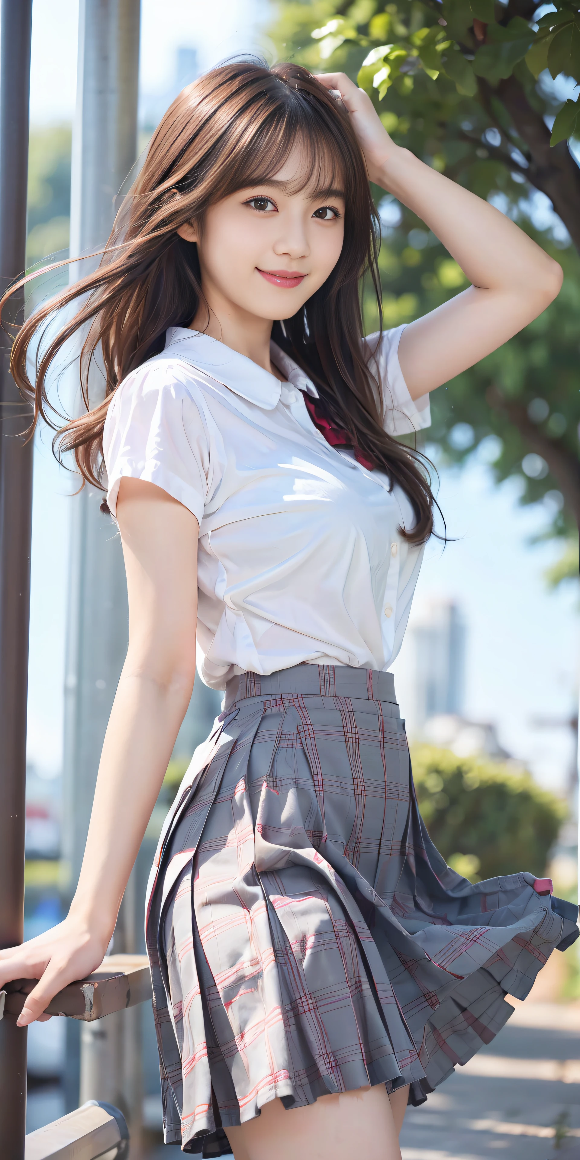 Raw photo, masterpiece, top quality, high resolution, cute Japan, big, embarrassed, embarrassed, blush, one girl, attractive body, G-cup, wavy long hair, school uniform, thighs, white socks, open shirt, tight shirt, sheer shirt, ribbon on head, seraphuk, very short skirt, school bag, loafers, white pants, panchira, soaring skirt, fluttering skirt, fluttering hair, panties, embarrassing, blush, evening