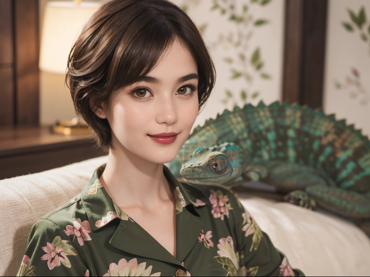 113
(a 20 yo woman,is standing), (A hyper-realistic), (high-level image quality), ((beautiful hairstyle 46)), ((short-hair)), (Gentle smile), (breasted:1.1), (wildlife print clothing), (There is a chameleon), (lipsticks)