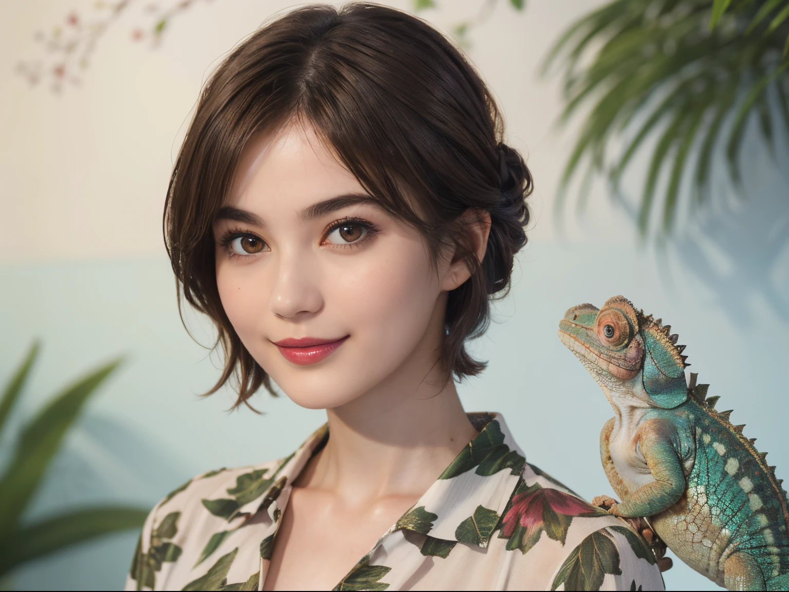 113
(a 20 yo woman,is standing), (A hyper-realistic), (high-level image quality), ((beautiful hairstyle 46)), ((short-hair)), (Gentle smile), (breasted:1.1), (wildlife print clothing), (There is a chameleon), (lipsticks)