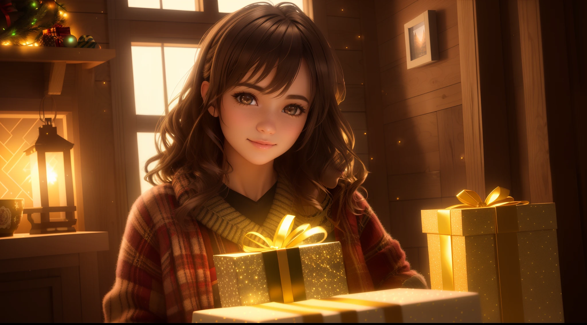 happy new year beautiful girl in, cozy intricate christmas room, log cabin Interior, Semi-dark, cozy atmosphere, night, masterpiece, best quality, epic warm lighting, cinematic composition, game cg, hyperrealistic, beautiful detailed glow, detailed, warm light, intricate detail, highres, detailed facial features, high detail, sharp focus, smooth, aesthetic, extremely detailed, octane render, hdr, bright colors, gift box in hand