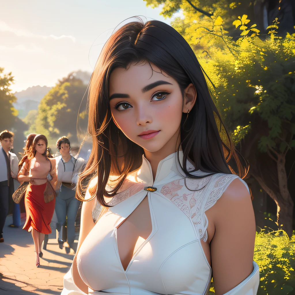 (Extremely detailed 8k wallpaper:2), (photo:2), (22 years old soigne Beautiful girl:2), (gives a lecture to friends:2), detailed (Face and eyes), (hyper realistic:1), (highly detailed:1), (epic realistic:1), rim light, (maximum details:1), cozy, (fullbody:1.3), (looking at viewer:2), (Woman's Attractive Qualities:2), (Attractive Woman:2), (Attractive:2), Smile, Intelligence, Empathy, Gracefulness, Sense of Style, Fitness, Grooming, Optimism, (Sensitivity:2), Sincerity, Romantic Gestures, Playfulness, Fashion Sense, (Sensuality:2), Charm, Modesty, Thoughtfulness, (Femininity:1), Flirtatiousness, Warmth, (Physical attractiveness:2), A beautiful smile, A love of life, strength and power, vulnerability, curiosity, wonder, love, (nature background:2), kawaii, waifu, Beautiful breasts, (attractive body:2), (Beautiful body:2), Beautiful pose, attractive pose, (Beautiful legs:1.0), (Beautiful clothes:1), (classic clothes:2), (elegant clothes:2), (European clothes:2), detailed clothes, (skirt:1), (blouse:1), (provocative pose)