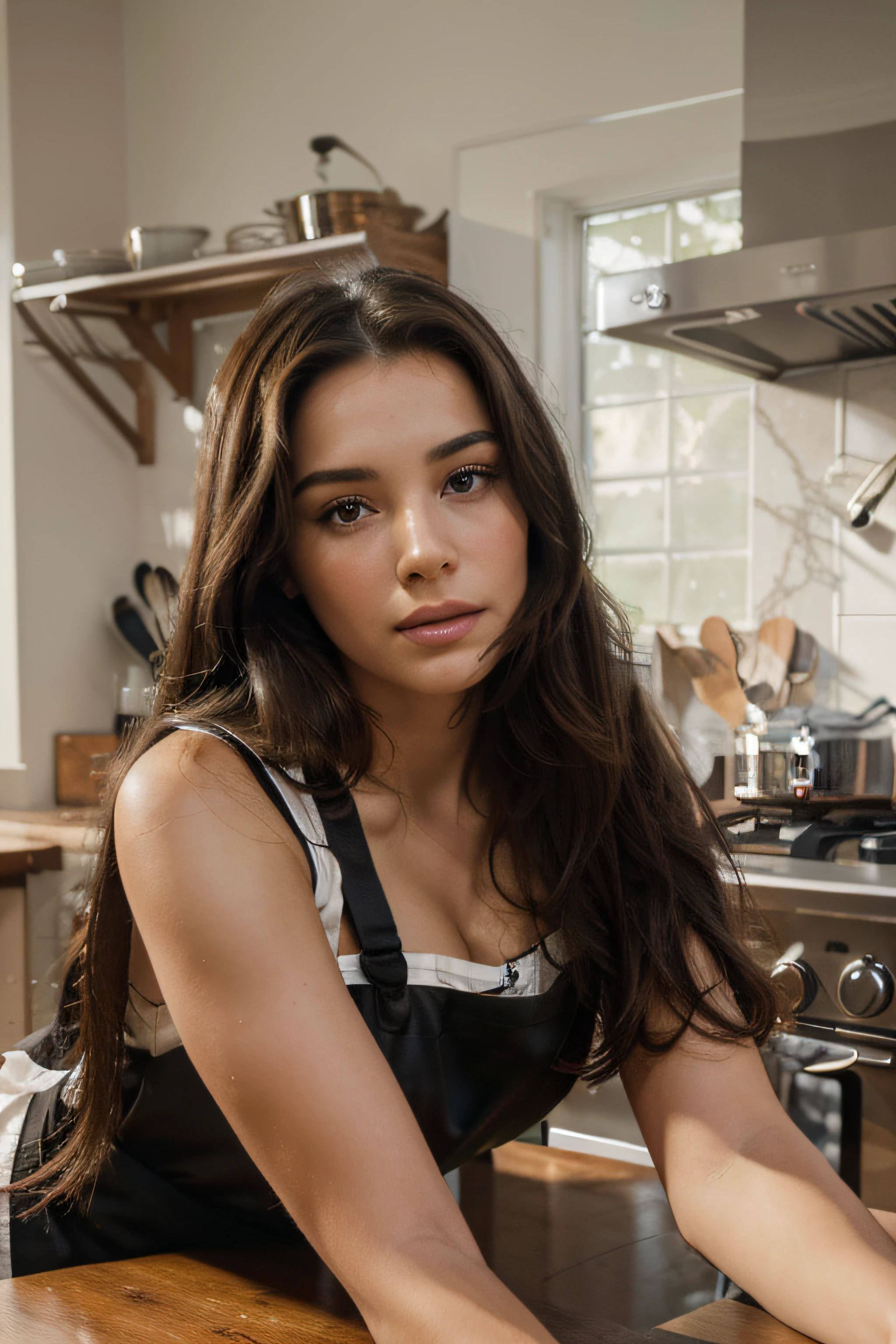 (Best quality, 8k, 32k, Masterpiece, UHD:1.2),Photo of Pretty brunette woman,black long hair,beauty face,kitchen,laying on table,wearing apron,realistic face,realistic anatomy,