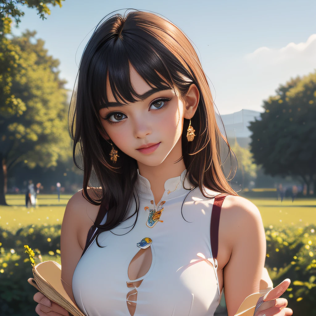 (Extremely detailed 8k wallpaper:2), (photo:2), (22 years old soigne Beautiful girl:2), (gives a lecture to friends:2), detailed (Face and eyes), (hyper realistic:1), (highly detailed:1), (epic realistic:1), rim light, (maximum details:1), cozy, (fullbody:1.3), (looking at viewer:2), (Woman's Attractive Qualities:2), (Attractive Woman:2), (Attractive:2), Smile, Intelligence, Empathy, Gracefulness, Sense of Style, Fitness, Grooming, Optimism, (Sensitivity:2), Sincerity, Romantic Gestures, Playfulness, Fashion Sense, (Sensuality:2), Charm, Modesty, Thoughtfulness, (Femininity:1), Flirtatiousness, Warmth, (Physical attractiveness:2), A beautiful smile, A love of life, strength and power, vulnerability, curiosity, wonder, love, (nature background:2), kawaii, waifu, Beautiful breasts, (attractive body:2), (Beautiful body:2), Beautiful pose, attractive pose, (Beautiful legs:1.0), (Beautiful clothes:1), (classic clothes:2), (elegant clothes:2), (European clothes:2), detailed clothes, (skirt:1), (blouse:1), (provocative pose)