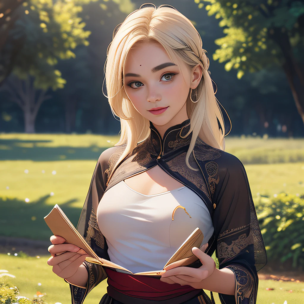 (Extremely detailed 8k wallpaper:2), (photo:2), (22 years old soigne Beautiful girl:2), (gives a lecture to friends:2), detailed (Face and eyes), (hyper realistic:1), (highly detailed:1), (epic realistic:1), rim light, (maximum details:1), cozy, (fullbody:1.3), (looking at viewer:2), (Woman's Attractive Qualities:2), (Attractive Woman:2), (Attractive:2), Smile, Intelligence, Empathy, Gracefulness, Sense of Style, Fitness, Grooming, Optimism, (Sensitivity:2), Sincerity, Romantic Gestures, Playfulness, Fashion Sense, (Sensuality:2), Charm, Modesty, Thoughtfulness, (Femininity:1), Flirtatiousness, Warmth, (Physical attractiveness:2), A beautiful smile, A love of life, strength and power, vulnerability, curiosity, wonder, love, (nature background:2), kawaii, waifu, Beautiful breasts, (attractive body:2), (Beautiful body:2), Beautiful pose, attractive pose, (Beautiful legs:1.0), (Beautiful clothes:1), (classic clothes:2), (elegant clothes:2), (European clothes:2), detailed clothes, (skirt:1), (blouse:1), (provocative pose)