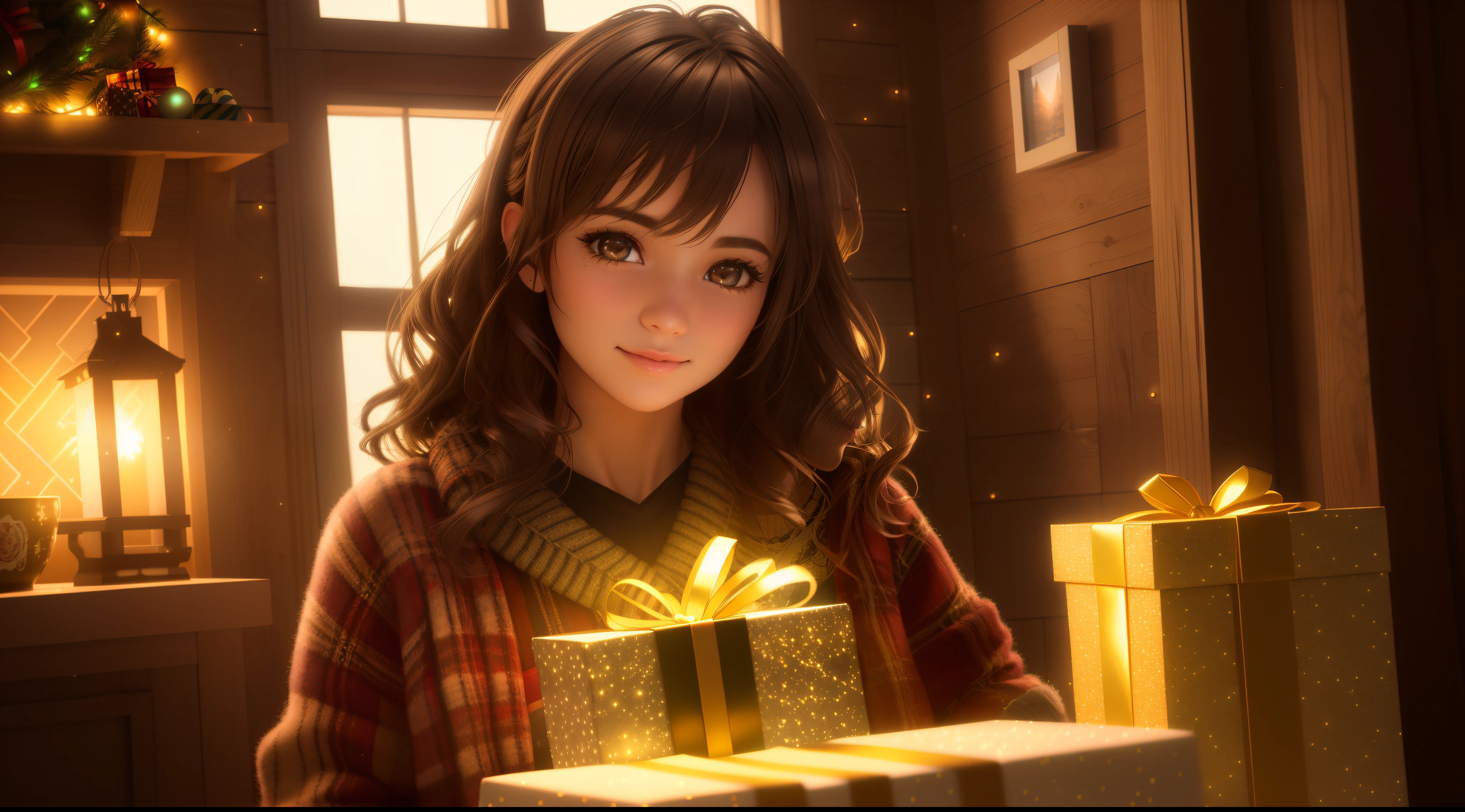 happy  beautiful girl in, cozy intricate christmas room, log cabin Interior, Semi-dark, cozy atmosphere, night, masterpiece, best quality, epic warm lighting, cinematic composition, game cg, hyperrealistic, beautiful detailed glow, detailed, warm light, intricate detail, highres, detailed facial features, high detail, sharp focus, smooth, aesthetic, extremely detailed, octane render, hdr, bright colors, gift box in hand