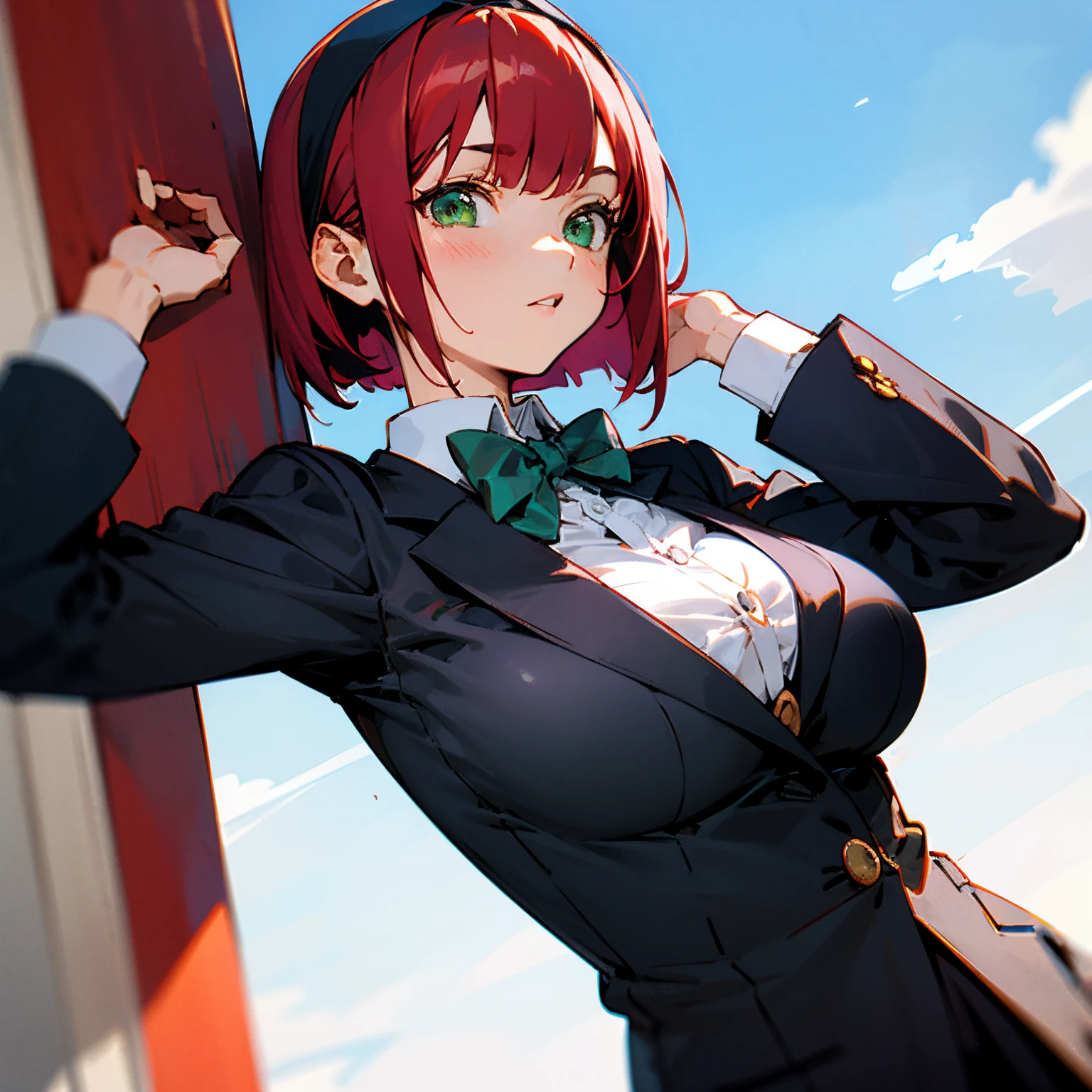 A girl with a short red bob, green eyes, and big breasts,Black Blazer School Uniform,Bow tie on the chest,Hair band on the head,The background is only a blue sky