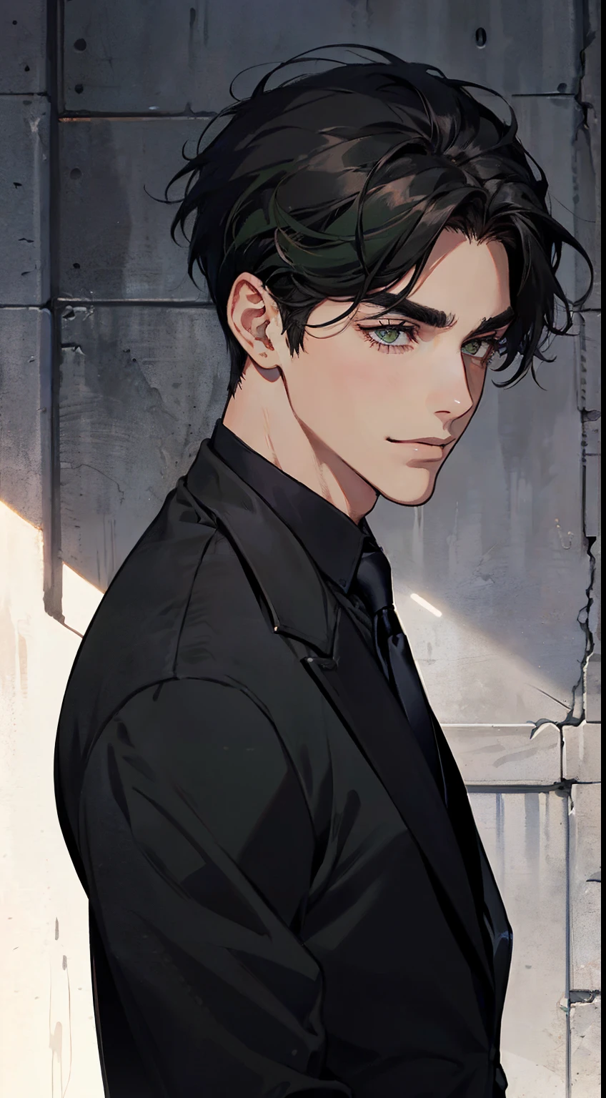 ((One man with a black suit and tie)), New York City, gotham, alejandro, he looks very sophisticated, (((left-side swept black short hair))), (dark green eyes and thick eyebrows), smirk, ((20 years old)), ((masterpiece)), posture dynamic,