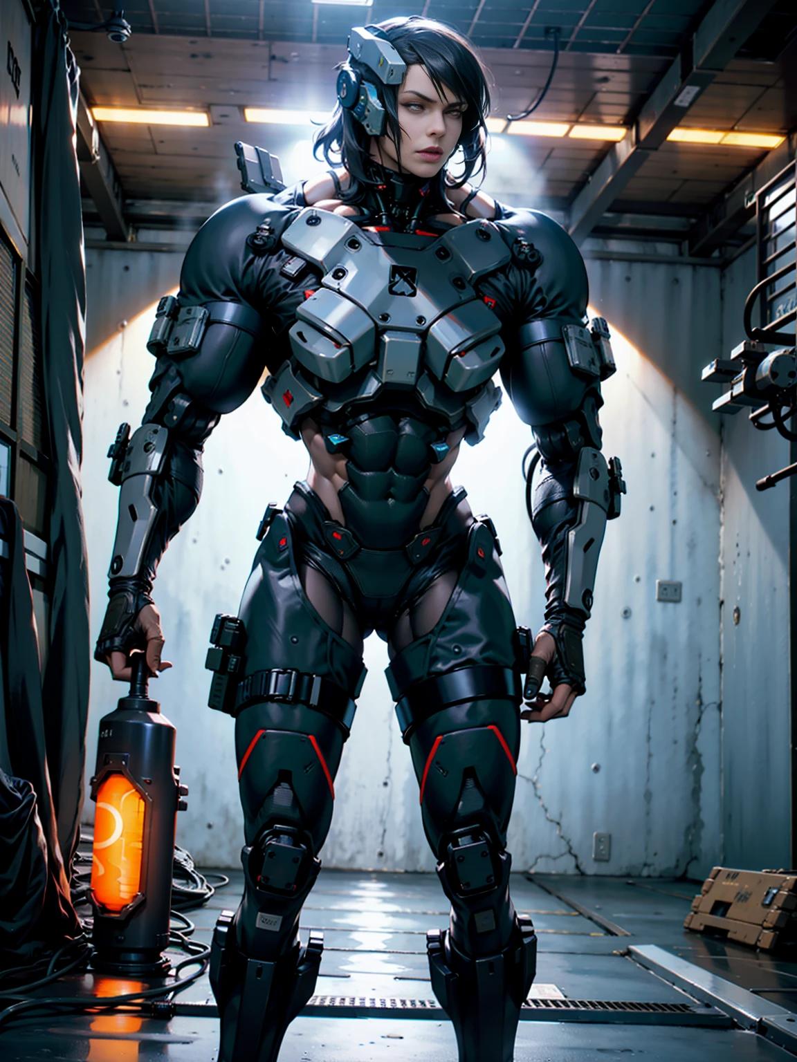 photorealistic, high resolution, 1 super muscular women, mature muscular female, solo, hips up, robot, anatomically perfect woman, carbon fiber, tactical, black metal, wiring,glowing eyes,artificial muscle,exposed machinery, full robot body