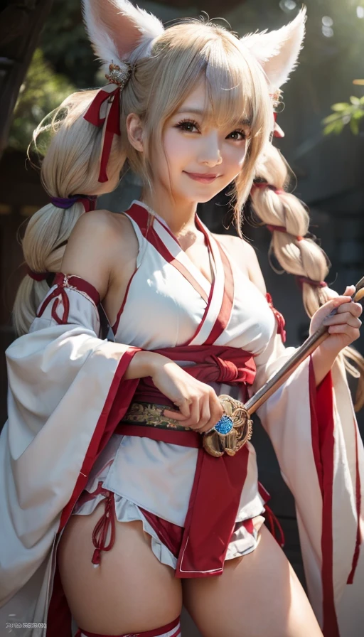 my wife、Mr. Inari、A heroine of justice who fights evil、Mini length shrine maiden costume、hightquality、high-level image quality、hight resolution、Masterpiece、A smile、my favorite fried tofu、Torii gate of the shrine、Excess pheromones、garters、high-heels、Whip thighs、gap moe、