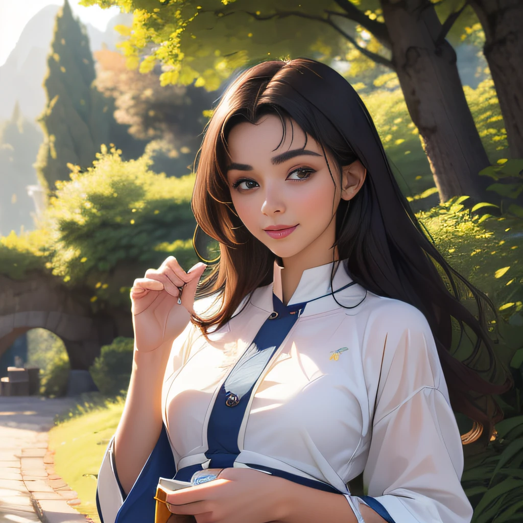 (Extremely detailed 8k wallpaper:2), (photo:2), (22 years old soigne Beautiful girl:2), (gives a lecture to friends:2), detailed (Face and eyes), (hyper realistic:1), (highly detailed:1), (epic realistic:1), rim light, (maximum details:1), cozy, (fullbody:1.3), (looking at viewer:2), (Woman's Attractive Qualities:2), (Attractive Woman:2), (Attractive:2), Smile, Intelligence, Empathy, Gracefulness, Sense of Style, Fitness, Grooming, Optimism, (Sensitivity:2), Sincerity, Romantic Gestures, Playfulness, Fashion Sense, (Sensuality:2), Charm, Modesty, Thoughtfulness, (Femininity:1), Flirtatiousness, Warmth, (Physical attractiveness:2), A beautiful smile, A love of life, strength and power, vulnerability, curiosity, wonder, love, (nature background:2), kawaii, waifu, Beautiful breasts, (attractive body:2), (Beautiful body:2), Beautiful pose, attractive pose, (Beautiful legs:1.0), (Beautiful clothes:1), (classic clothes:2), (elegant clothes:2), (European clothes:2), detailed clothes, (skirt:1), (blouse:1), (provocative pose)