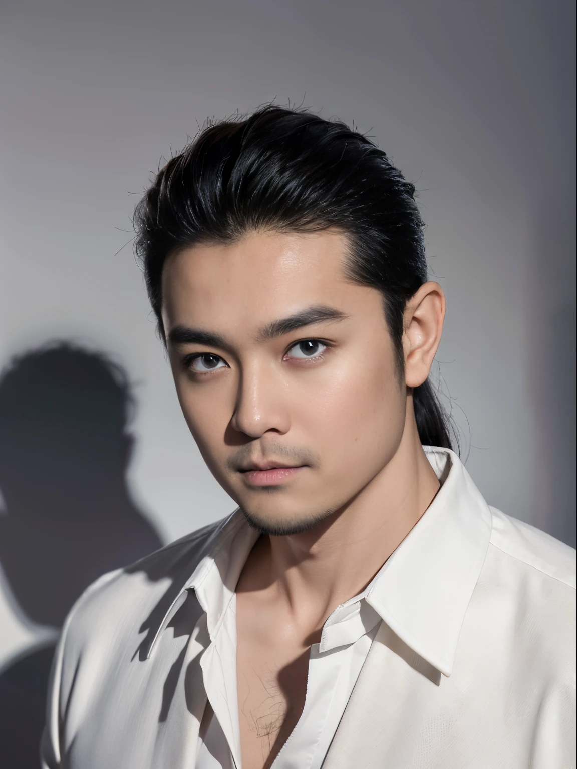 Best quality,tmasterpiece,超高分辨率,(realistically:1.4),RAW photos,1male people,black hair color hair,Long gray hair,A short beard on the chin,黑The eye,detailed eyes and face,Wear a black suit10,black suit 5,white shirt,Dinamic Light,black background 5,Depth shadows,low pitch,Half-length photo 5,Looking directly at camera 5,ssmile,Trustworthy,pictures photos