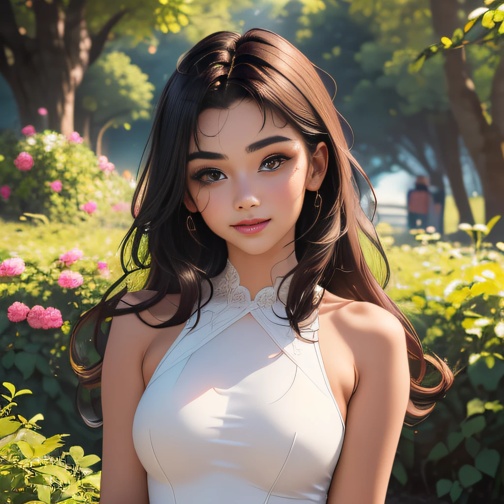 (Extremely detailed 8k wallpaper:2), (photo:2), (22 years old soigne Beautiful girl:2), (gives a lecture to friends:2), detailed (Face and eyes), (hyper realistic:1), (highly detailed:1), (epic realistic:1), rim light, (maximum details:1), cozy, (fullbody:1.3), (looking at viewer:2), (Woman's Attractive Qualities:2), (Attractive Woman:2), (Attractive:2), Smile, Intelligence, Empathy, Gracefulness, Sense of Style, Fitness, Grooming, Optimism, (Sensitivity:2), Sincerity, Romantic Gestures, Playfulness, Fashion Sense, (Sensuality:2), Charm, Modesty, Thoughtfulness, (Femininity:1), Flirtatiousness, Warmth, (Physical attractiveness:2), A beautiful smile, A love of life, strength and power, vulnerability, curiosity, wonder, love, (nature background:2), kawaii, waifu, Beautiful breasts, (attractive body:2), (Beautiful body:2), Beautiful pose, attractive pose, (Beautiful legs:1.0), (Beautiful clothes:1), (classic clothes:2), (elegant clothes:2), (European clothes:2), detailed clothes, (skirt:1), (blouse:1), (provocative pose)