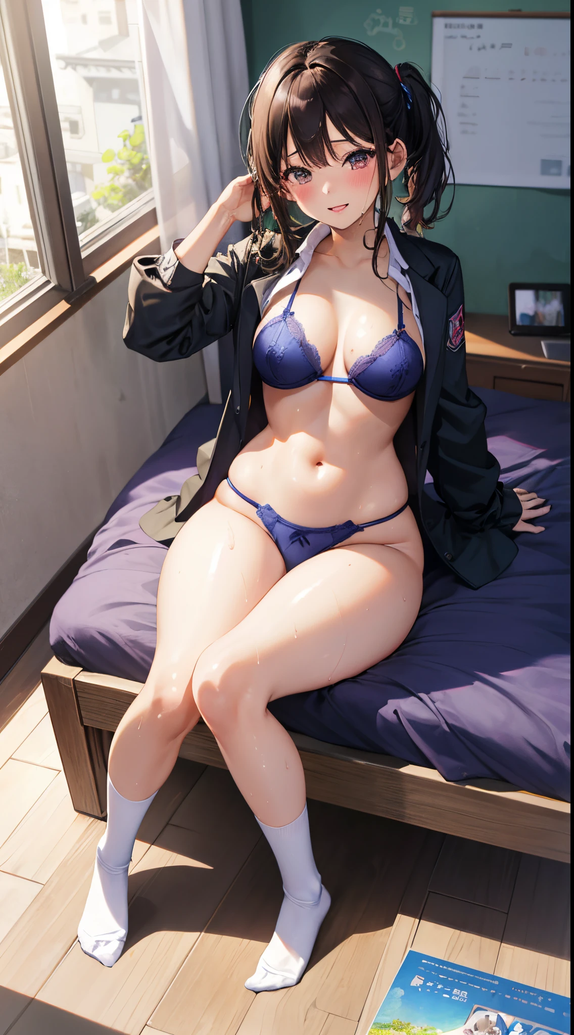 1girl in, Parted lips, blush, makeup, lightsmile, School uniform, Full body, Wide Angle, From above, crass room, llight rays, Glow, thighs thighs thighs thighs, 鎖骨, Narrow waist, (masutepiece), Wallpaper,Wet body、Micro lingerie that can be seen even over clothes、Drooling、White socks