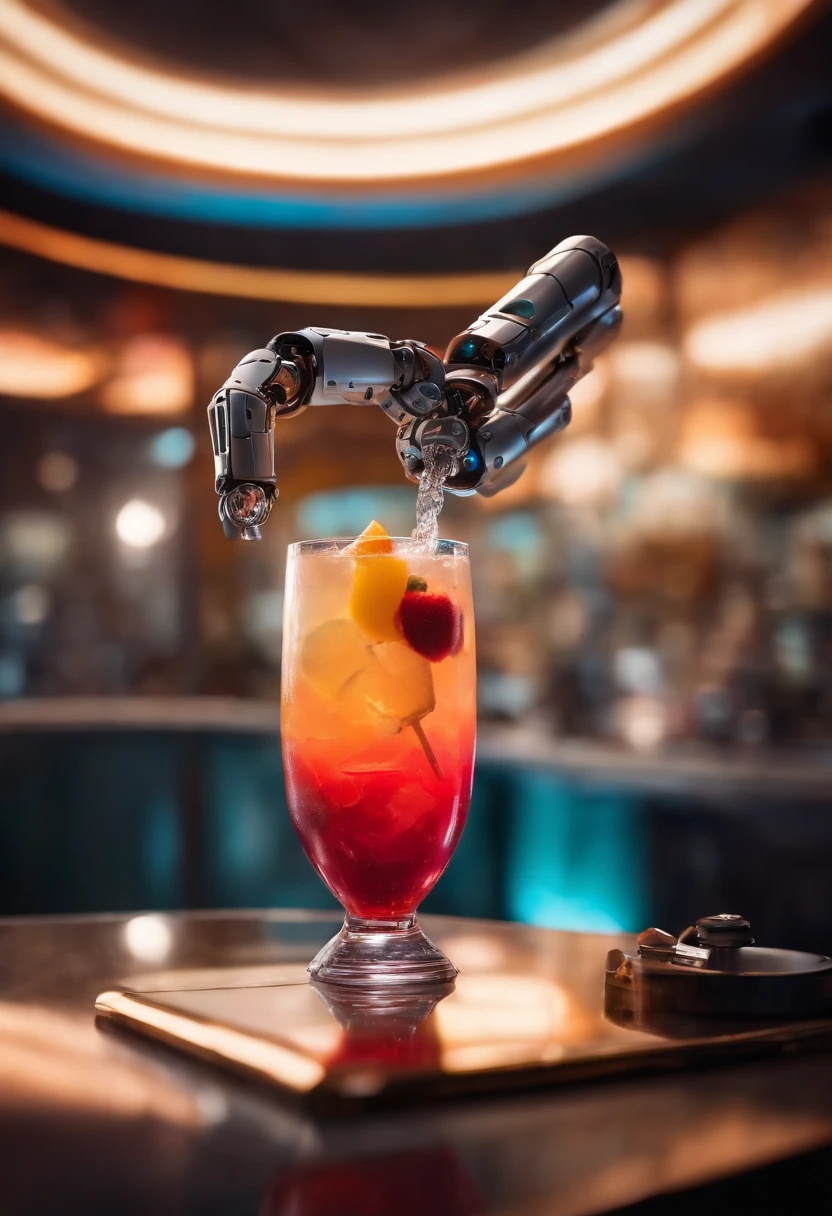 A photo of a robotic arm mixing together a colorful cocktail,Portal series,GLaDOS is a robot suspended from the ceiling