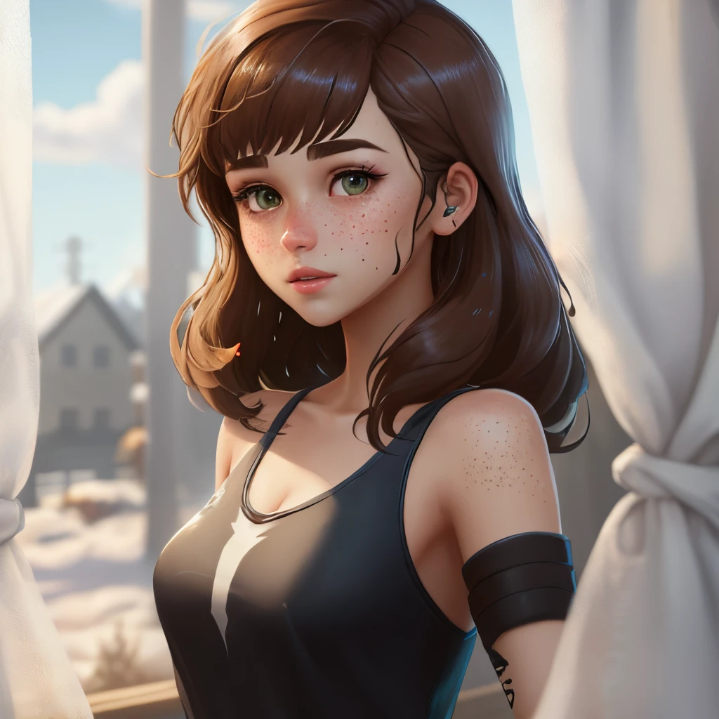 fortnite female skin, dark brown hair with curtain bangs, medium length hair, freckles, hazel eyes