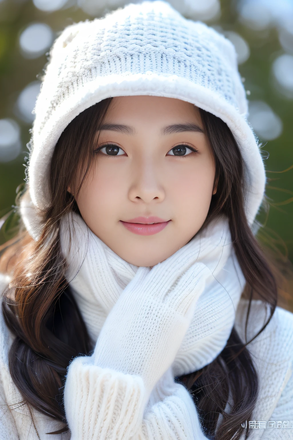 ((top-quality、8K、masuter piece:1.3))、(Beautiful, Realistic Japan),1 female、Winter coat、(爆乳:1.2)、muffler、Yarn hat、gloves、hyperdetailed face、High detailed lips、A detailed eye、二重まぶた 、snowflakes falling、White breath、sideways Facing、look up sky、large tree、naturey、kou、a white world、