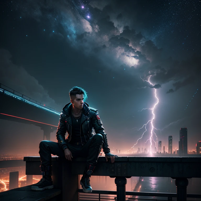 Background like cyberpunk, handsome boy sitting on other side on bridge, lightning, asteroid, stars, cinematic view,