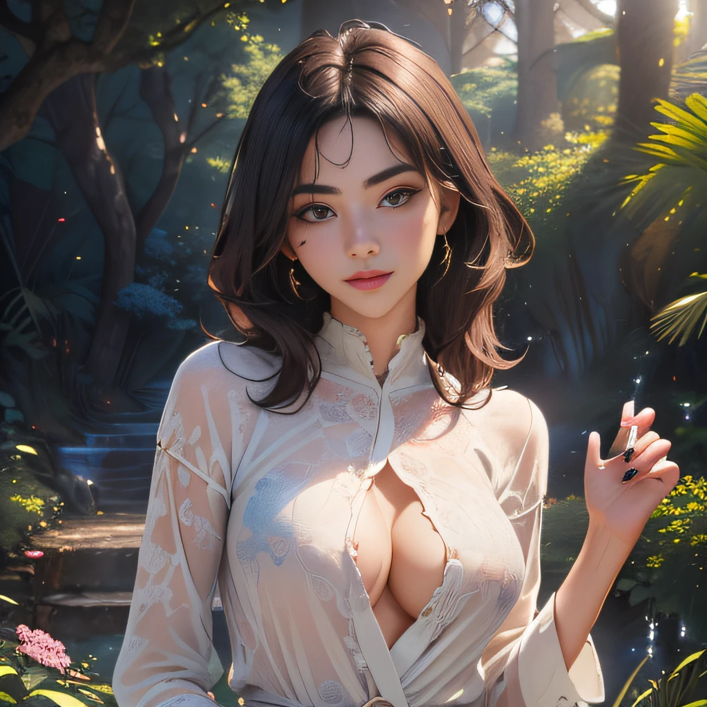 (Extremely detailed 8k wallpaper:2), (photo:2), (22 years old soigne Beautiful girl:2), (gives a lecture to friends:2), detailed (Face and eyes), (hyper realistic:1), (highly detailed:1), (epic realistic:1), rim light, (maximum details:1), cozy, (fullbody:1.3), (looking at viewer:2), (Woman's Attractive Qualities:2), (Attractive Woman:2), (Attractive:2), Smile, Intelligence, Empathy, Gracefulness, Sense of Style, Fitness, Grooming, Optimism, (Sensitivity:2), Sincerity, Romantic Gestures, Playfulness, Fashion Sense, (Sensuality:2), Charm, Modesty, Thoughtfulness, (Femininity:1), Flirtatiousness, Warmth, (Physical attractiveness:2), A beautiful smile, A love of life, strength and power, vulnerability, curiosity, wonder, love, (nature background:2), kawaii, waifu, Beautiful breasts, (attractive body:2), (Beautiful body:2), Beautiful pose, attractive pose, (Beautiful legs:1.0), (Beautiful clothes:1), (classic clothes:2), (elegant clothes:2), (European clothes:2), detailed clothes, (skirt:1), (blouse:1), (provocative pose)