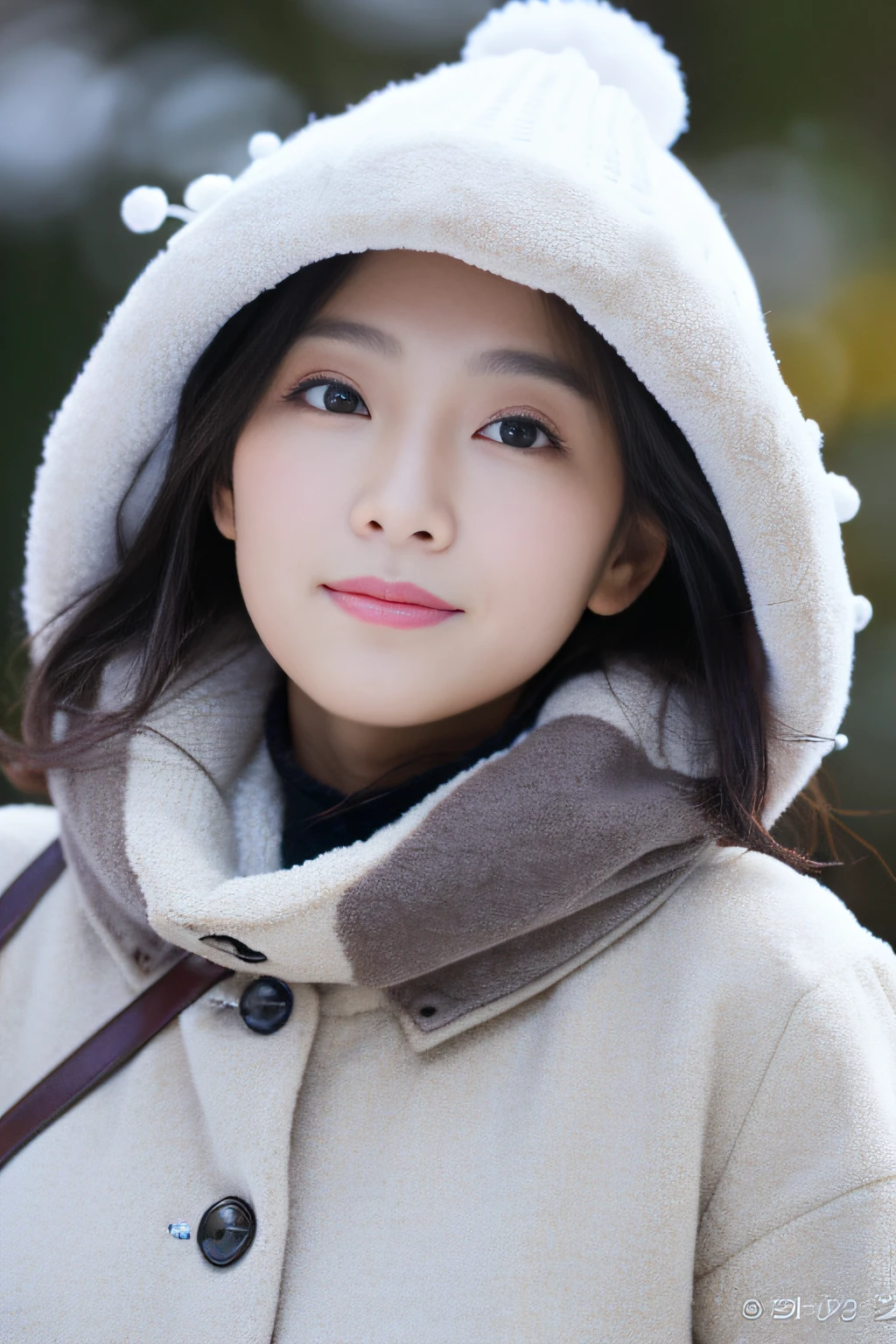 ((top-quality、8K、masuter piece:1.3))、(Beautiful, Realistic Japan),1 female、Winter coat、(爆乳:1.2)、muffler、Yarn hat、gloves、hyperdetailed face、High detailed lips、A detailed eye、二重まぶた 、snowflakes falling、White breath、sideways Facing、look up sky、large tree、naturey、kou、a white world、