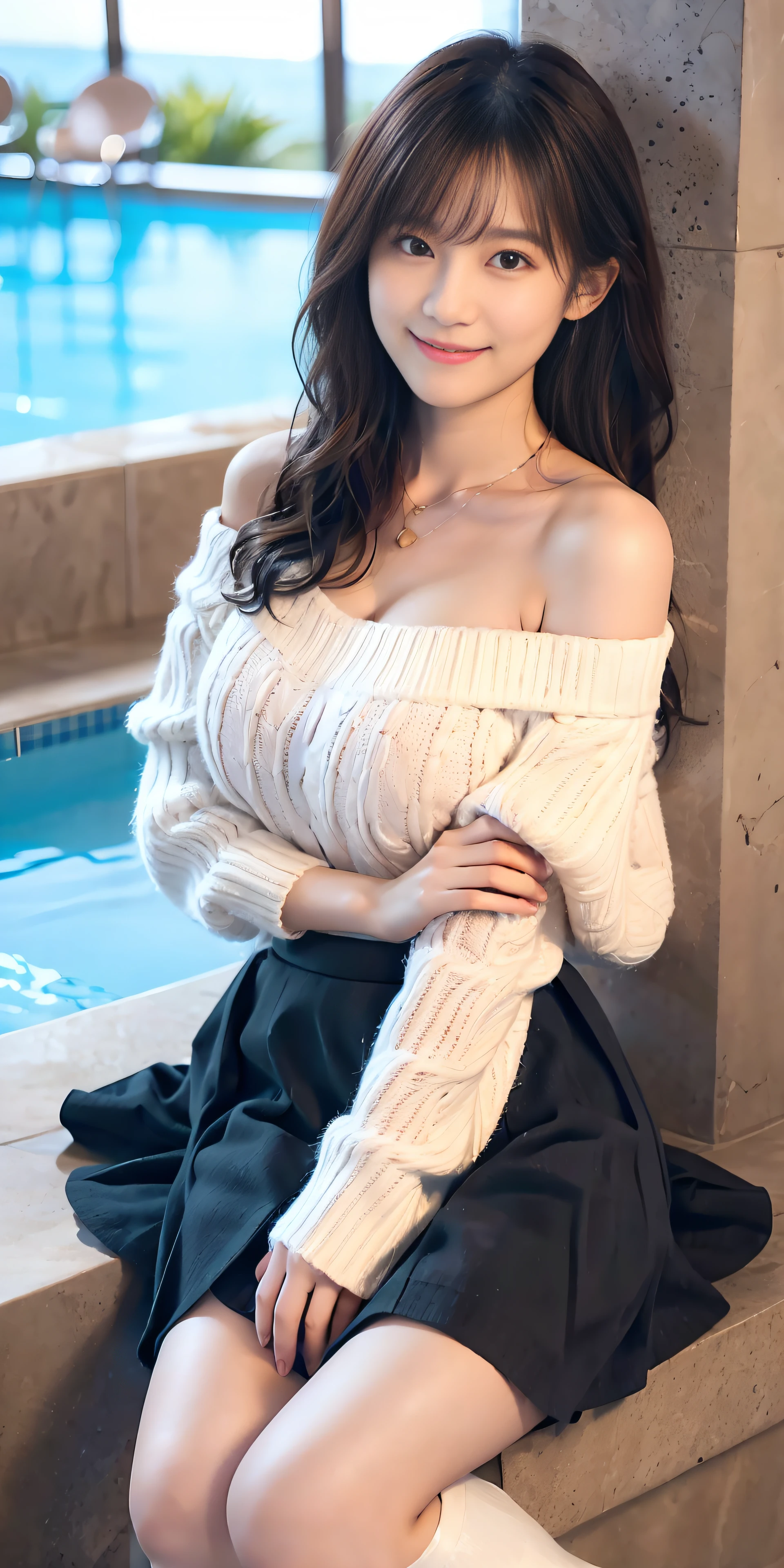 25 years old women, black wavy long hair、bangss、(tight dark blue off shoulder sweater), Puffy nipple、pleatedskirt,Medium milk, cute smile face、(((Raise the skirt with your hands、、opens legs)))、(Emphasis on the chest)、sexy hips、high-heels、pool with sea view、Sit by the pool、Big necklace、耳Nipple Ring、Photos showing the whole body