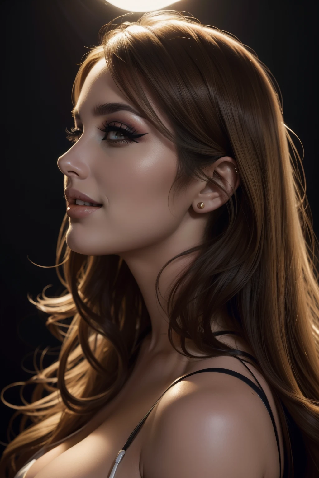 Lucy Pinder, smiling, voluptuous, ((Very intense makeup)), sexy, adele, profile, singing, looking up
