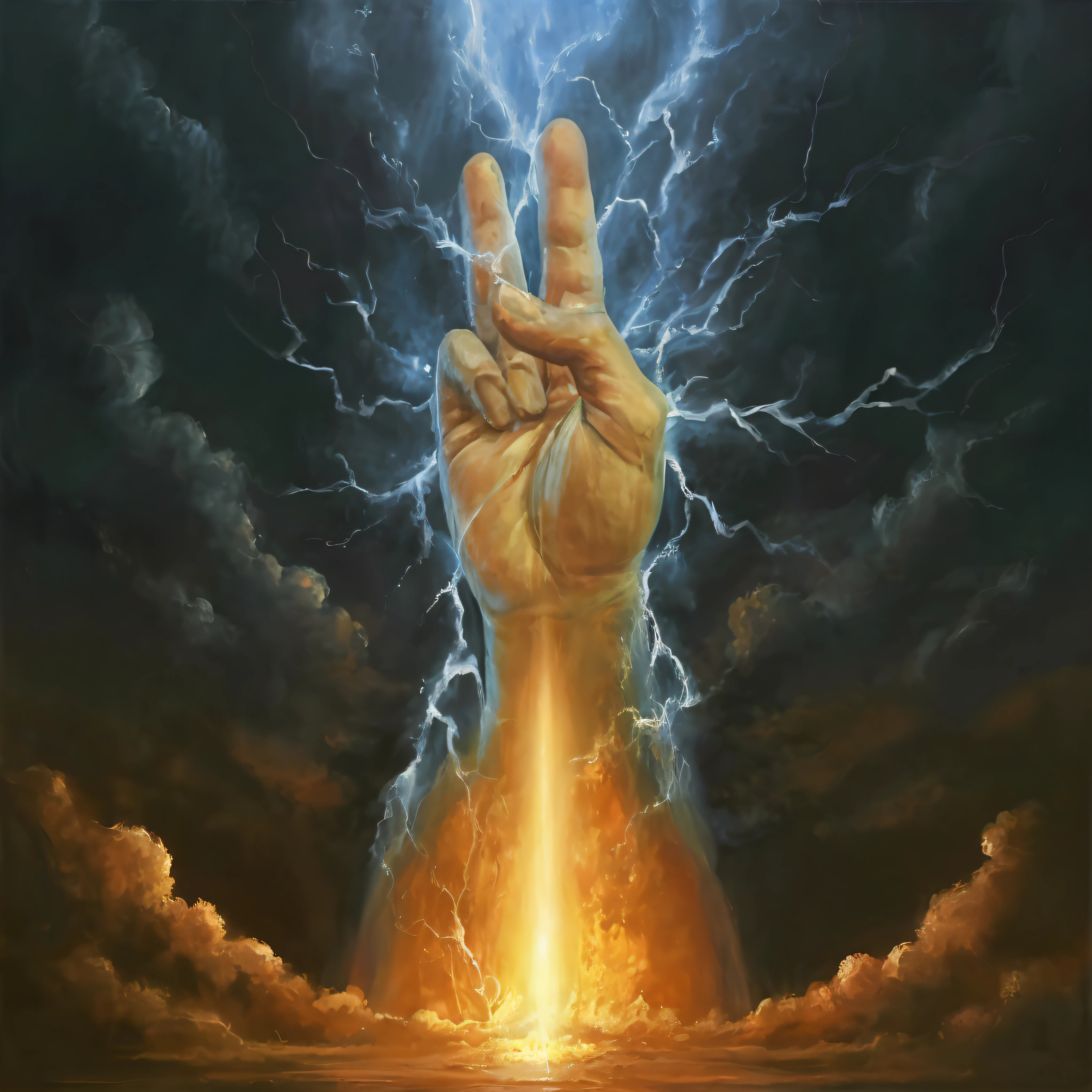 painting of a hand with lightning coming out of it, finger of god, forming a burning hand spell, rob McNaughton, by tomasz alen kopera, rob rey, holding trident, fireball hand, rhads!!!, by Christophe Vacher, by Randy Gallegos, by Jason Benjamin, inspired by Christophe Vacher, by Robert Bain, holy fire spell art
