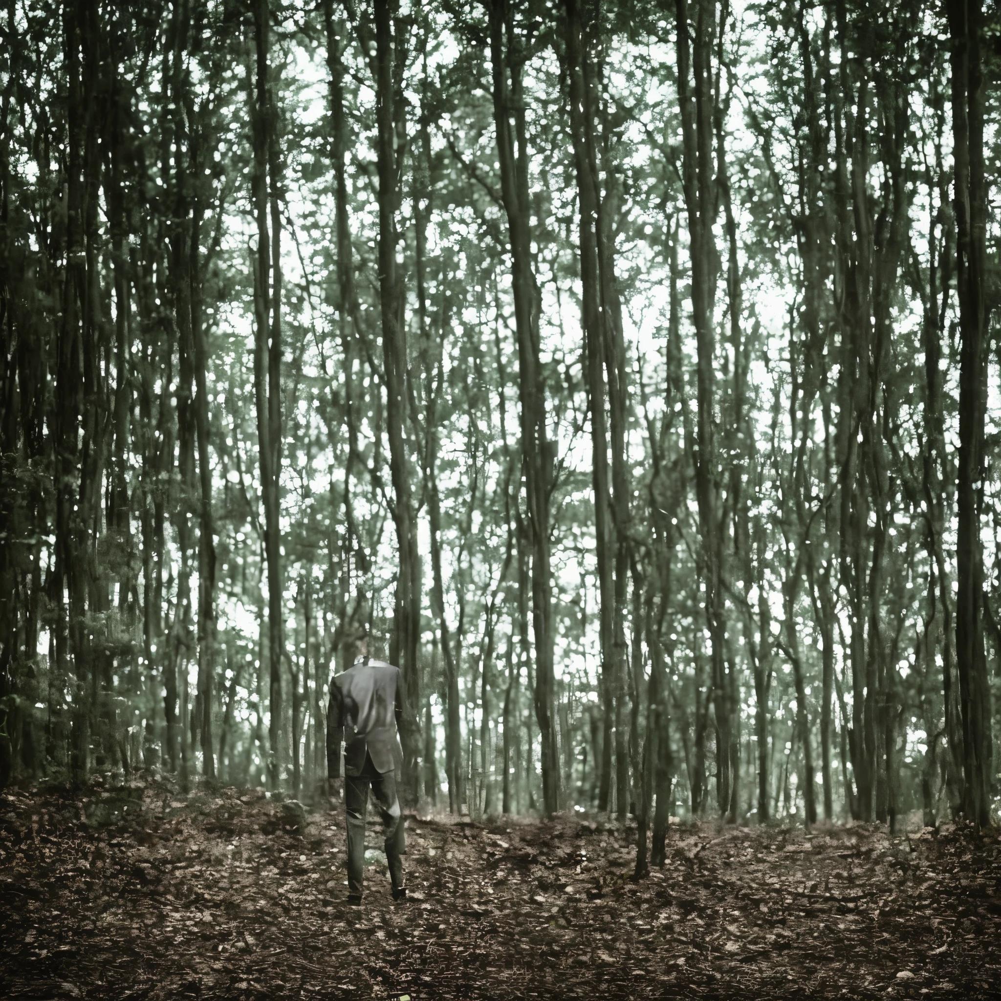 closeup photo of slenderman in a forest, sorrow and anxiety in him, darkness, dark ambiance. rfktrstyle. Imaginary style, cartoonish,