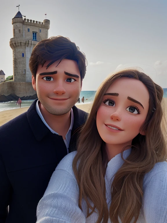there is a man and woman standing on the beach together, com um castelo ao fundo retrato de casal