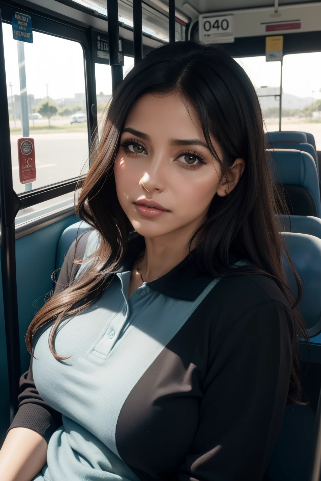 1 mujer hermosa, 50 year old lady, dormir con la boca abierta, Ojos medio cerrados, cabello negro, Sleeping sitting on the bus, vaqueros, Polo negro, pechos grandes, ojos alineados, drooling, ronquido, Desmayado, bolsa negra, Head in the bus window, Sentado junto a la ventana, ((Maquillaje muy intenso)), Mujer voluptuosa, ((boca abierta de par en par))