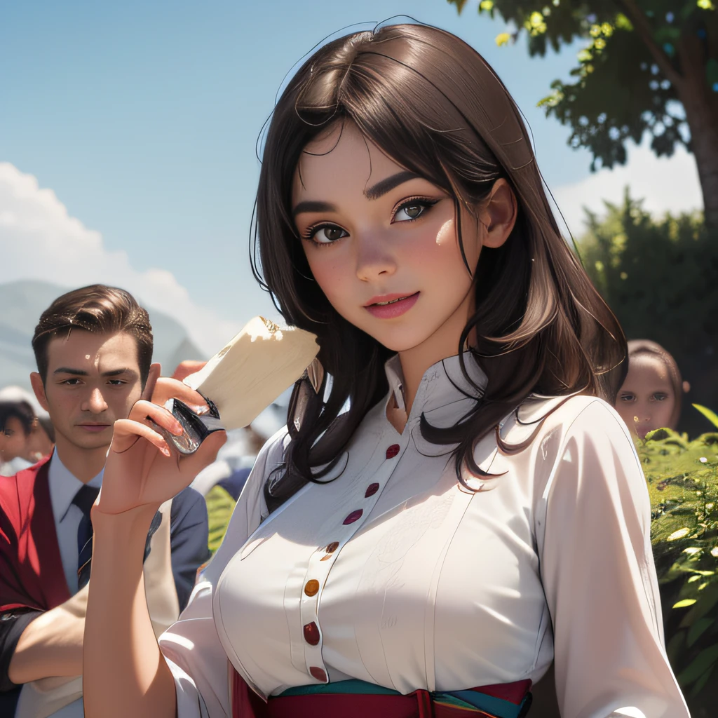 (Extremely detailed 8k wallpaper:2), (photo:2), (22 years old soigne Beautiful girl:2), (gives a lecture to friends:2), detailed (Face and eyes), (hyper realistic:1), (highly detailed:1), (epic realistic:1), rim light, (maximum details:1), cozy, (fullbody:1.3), (looking at viewer:2), (Woman's Attractive Qualities:2), (Attractive Woman:2), (Attractive:2), Smile, Intelligence, Empathy, Gracefulness, Sense of Style, Fitness, Grooming, Optimism, (Sensitivity:2), Sincerity, Romantic Gestures, Playfulness, Fashion Sense, (Sensuality:2), Charm, Modesty, Thoughtfulness, (Femininity:1), Flirtatiousness, Warmth, (Physical attractiveness:2), A beautiful smile, A love of life, strength and power, vulnerability, curiosity, wonder, love, (nature background:2), kawaii, waifu, Beautiful breasts, (attractive body:2), (Beautiful body:2), Beautiful pose, attractive pose, (Beautiful legs:1.0), (Beautiful clothes:1), (classic clothes:2), (elegant clothes:2), (European clothes:2), detailed clothes, (skirt:1), (blouse:1), (provocative pose)