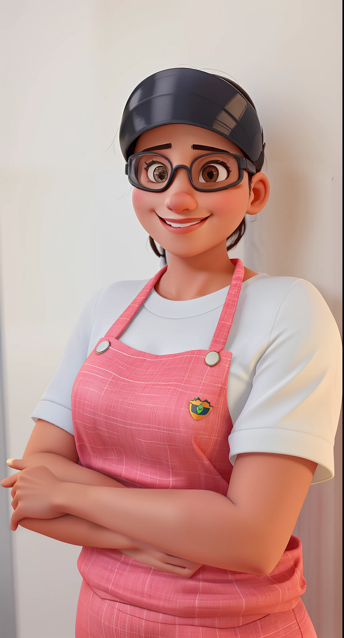 Uma mulher morena, sorridente, wearing goggles, com avental de confeiteira