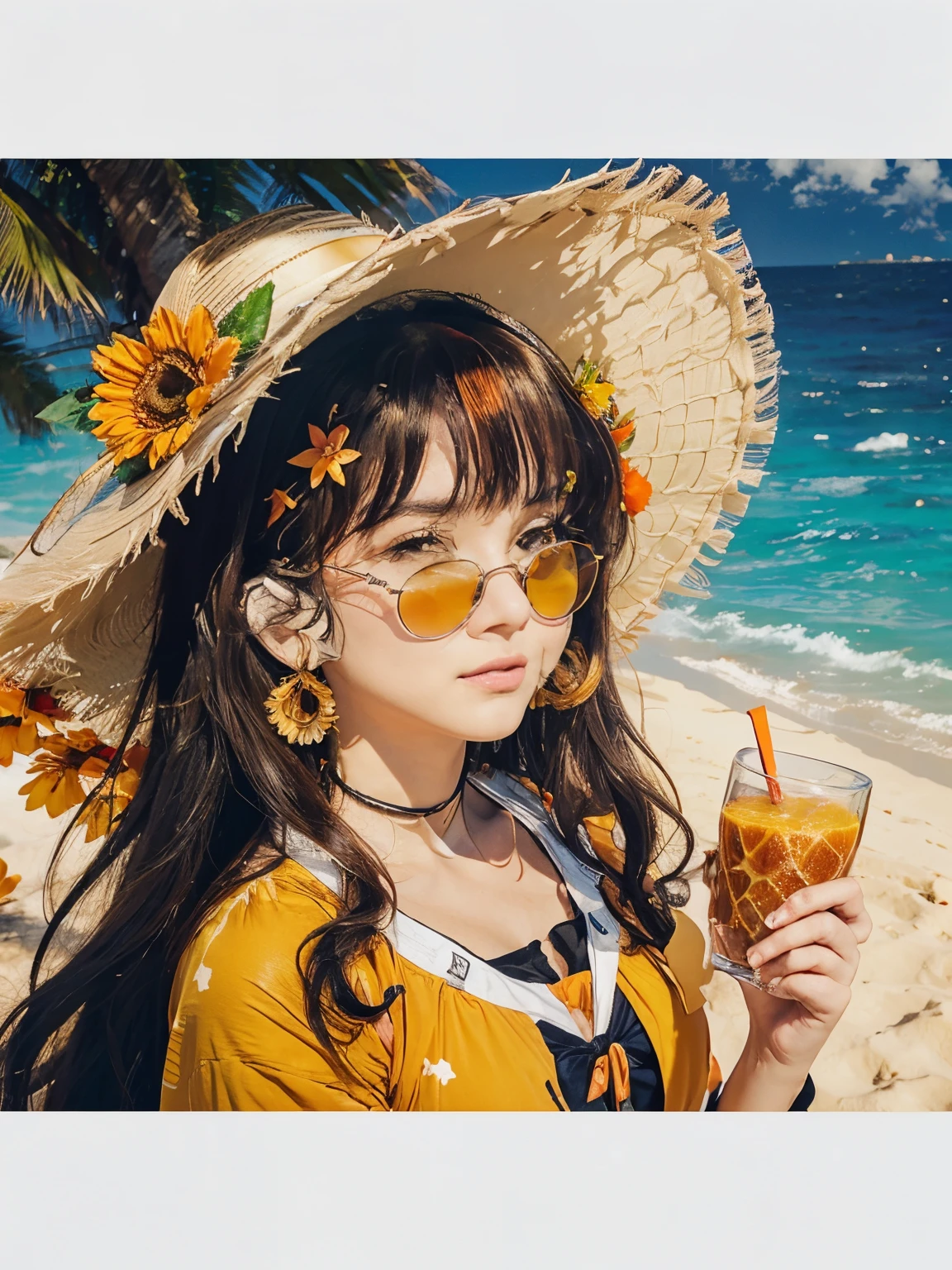 Mujer Anime con Tetas grandes con un sombrero de sol posando frente al sol, tomando un jugo de naranja