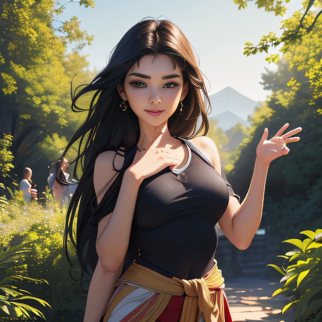(Extremely detailed 8k wallpaper:2), (photo:2), (22 years old soigne Beautiful girl:2), (gives a lecture to friends:2), detailed (Face and eyes), (hyper realistic:1), (highly detailed:1), (epic realistic:1), rim light, (maximum details:1), cozy, (fullbody:1.3), (looking at viewer:2), (Woman's Attractive Qualities:2), (Attractive Woman:2), (Attractive:2), Smile, Intelligence, Empathy, Gracefulness, Sense of Style, Fitness, Grooming, Optimism, (Sensitivity:2), Sincerity, Romantic Gestures, Playfulness, Fashion Sense, (Sensuality:2), Charm, Modesty, Thoughtfulness, (Femininity:1), Flirtatiousness, Warmth, (Physical attractiveness:2), A beautiful smile, A love of life, strength and power, vulnerability, curiosity, wonder, love, (nature background:2), kawaii, waifu, Beautiful breasts, (attractive body:2), (Beautiful body:2), Beautiful pose, attractive pose, (Beautiful legs:1.0), (Beautiful clothes:1), (classic clothes:2), (elegant clothes:2), (European clothes:2), detailed clothes, (skirt:1), (blouse:1), (provocative pose)