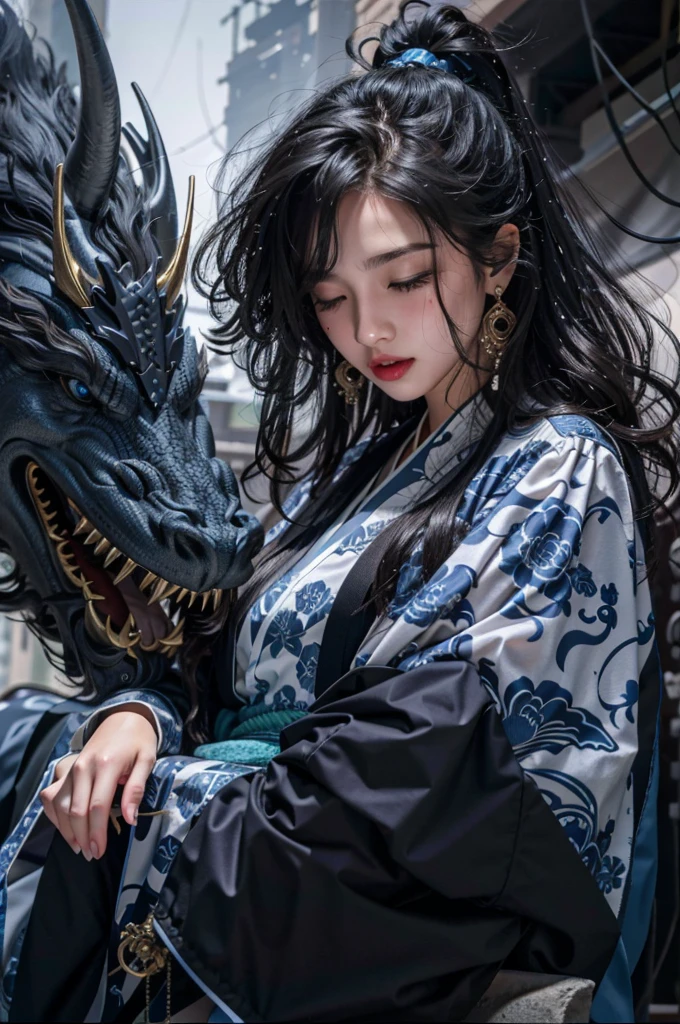 A masterpiece, of the best quality, realistic, realistic, this painting depicts a woman standing next to a dragon. The whole painting uses a cute and realistic portrait (styled kawaii realistic portrait) with dark blue eyes. Long hair fluttering and cute (cute:2). The whole painting shows excellent photorreal details, light and shadow tracing, rich details, close-up of a woman in kimono with a dragon, cyan Chinese dragon, dragon girl portrait, dragon inspired cloth robe, Chinese girl, flowing black long hair, dragon girl, dragon in background, black dragon, hanging ornaments, Chinese fantasy